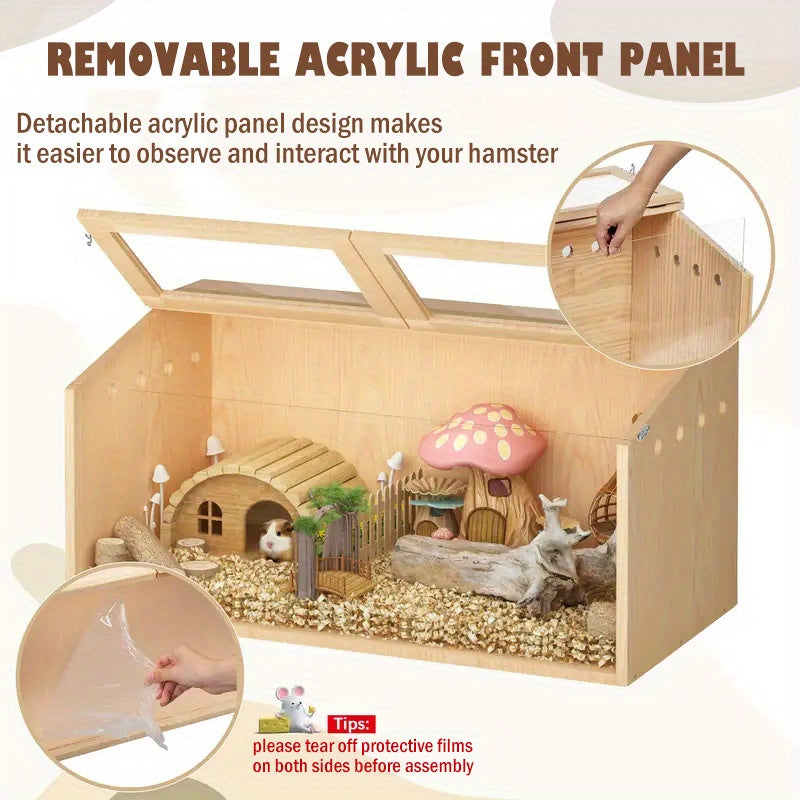 SliverDew Solid Wood Breeding Box for Hamsters and Chickens Double Door High Tolerance Acrylic Hamster Cage Spacious Indoor Pet Activity House with Ventilation Mesh and Easy Clean Design Transparent Hideout