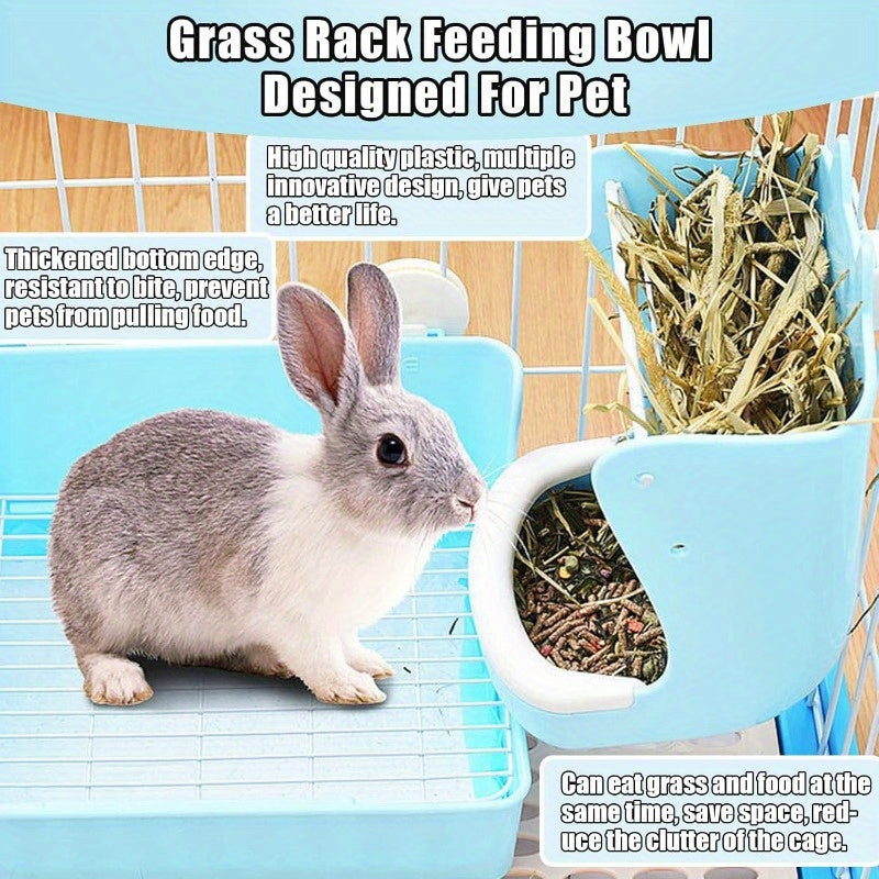 Rabbit Hay Feeder Rack with Bowl and Water Bottle for Grass and Food Blue