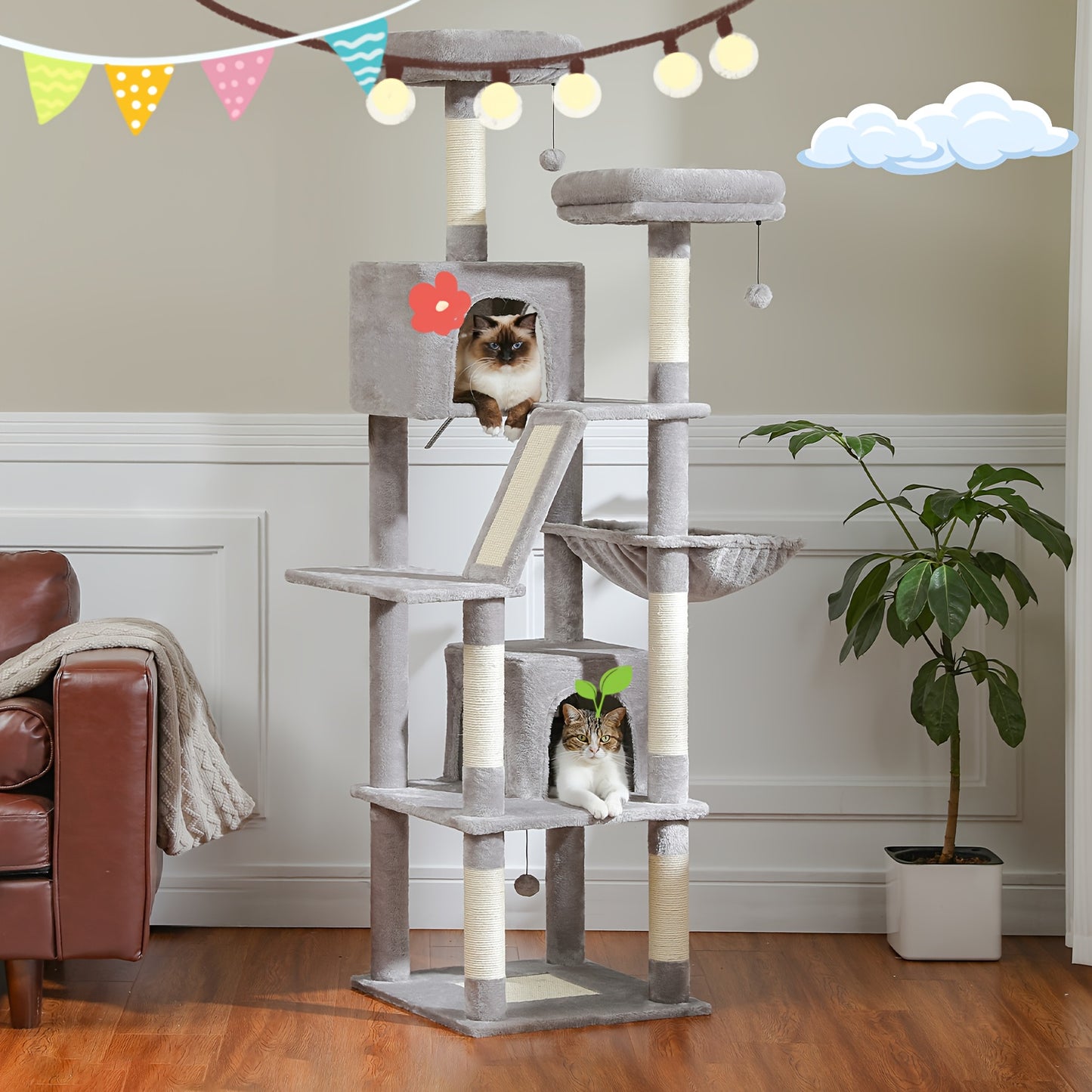 Tall Cat Tree 70.9 Inch Multi Level Activity Center For Indoor Cats With Metal Frame Large Hammock Dual Condo Houses And Scratching Posts