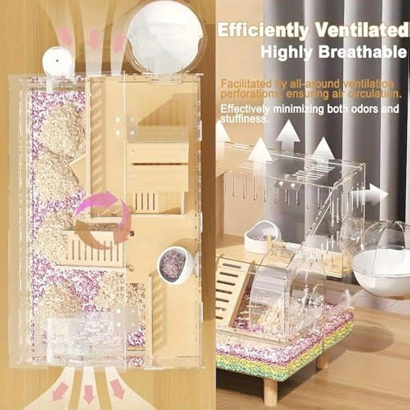 8 in 1 Acrylic Hamster Cage with All Accessories 2 Tier Transparent Habitat Top Open Detachable Design 18.5 x 11.8 x 14.6 Inch for Dwarf Hamsters Gerbils Mice Includes Wooden House Silent Wheel and Easy Assembly