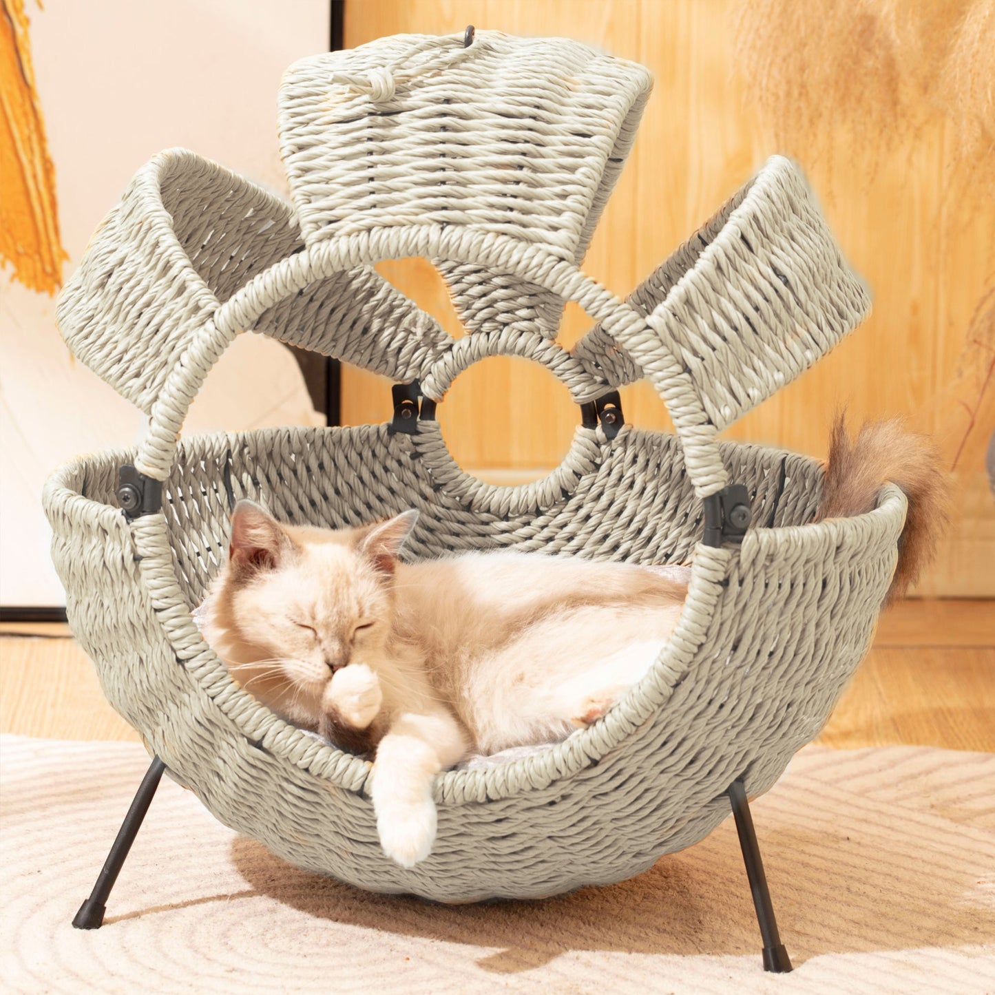 1pc Cozy Striped Rattan Cat House Large Indoor Outdoor Spherical Pet Bed with Cushion Durable Plastic Construction 20.5x20.5x14 Inches