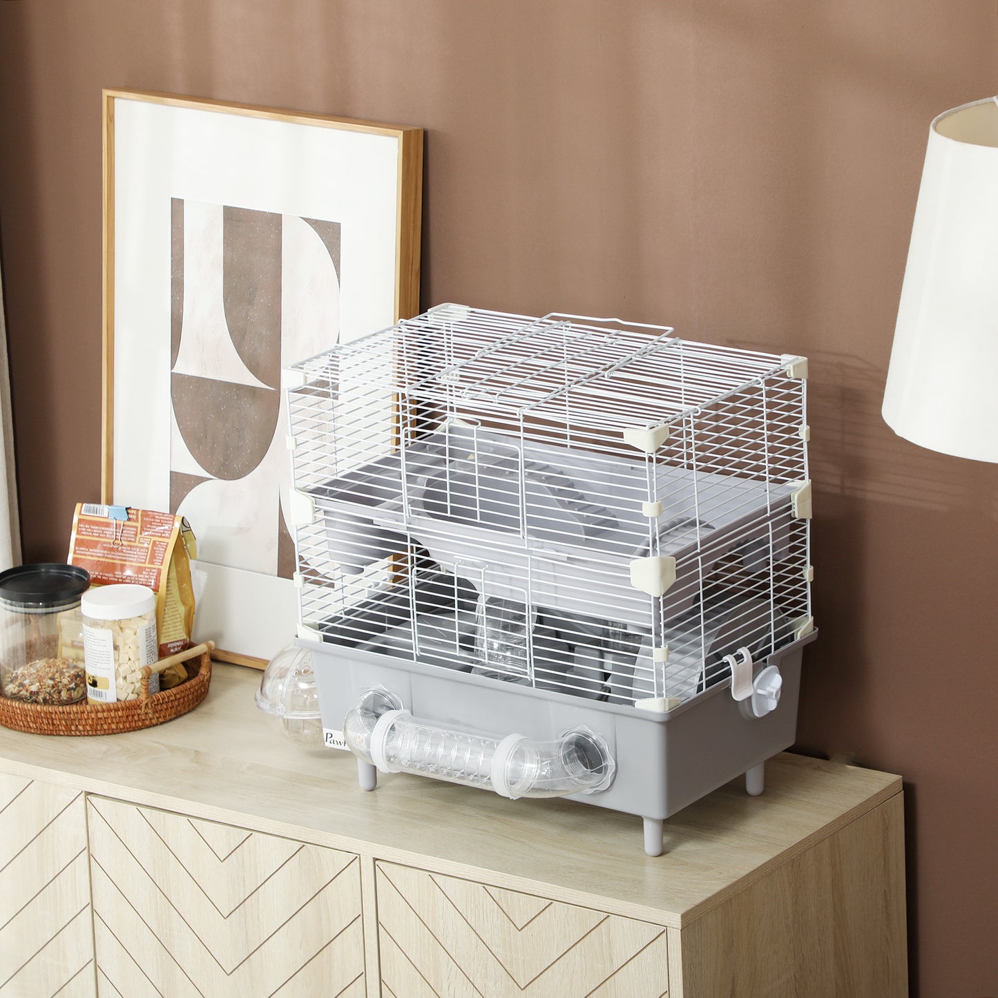 2 Tier Hamster Cage with Sand Bathroom Running Wheel Water Bottle Tubes Accessories Small Animal Cage 17.5 x 11 x 17 Gray