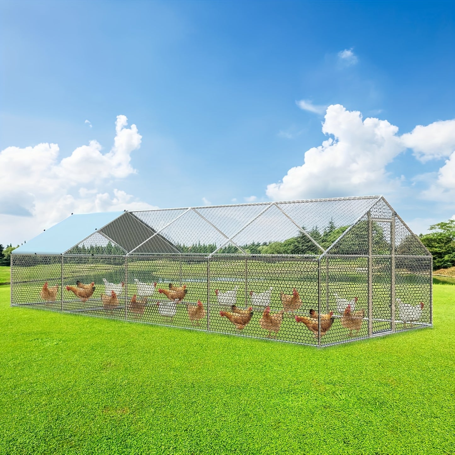 Large Metal Chicken Coop With Run Walk In Poultry Cage Dome Roofed Chicken Coops With Anti Ultraviolet Cover For Outdoor Backyard Farm