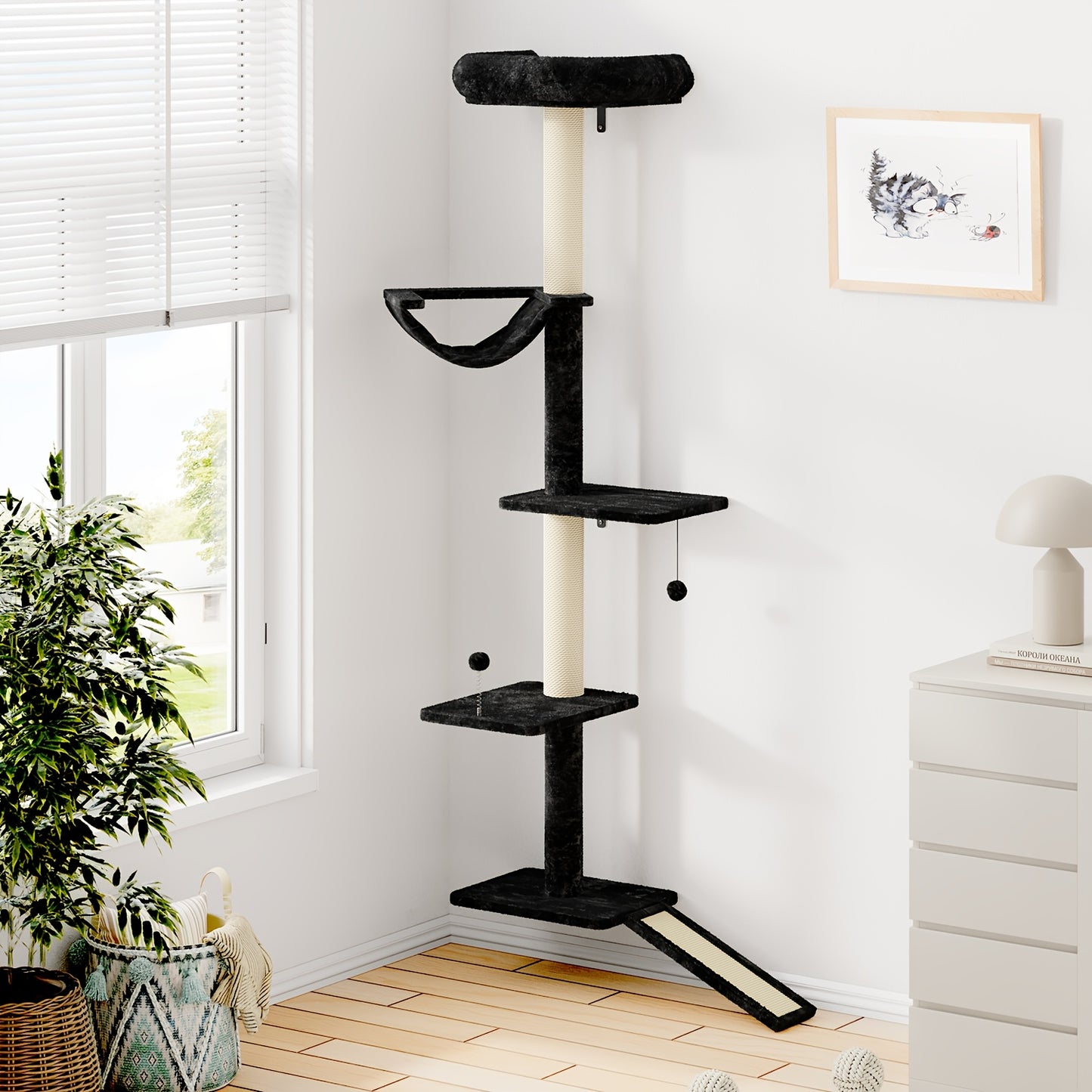 Cat Scratching Post Indoor Cat Tree Tower Multi Layer Cat Furniture Activity Center Comfortable Bed Interactive Ball Toy Wall Mounted Cat