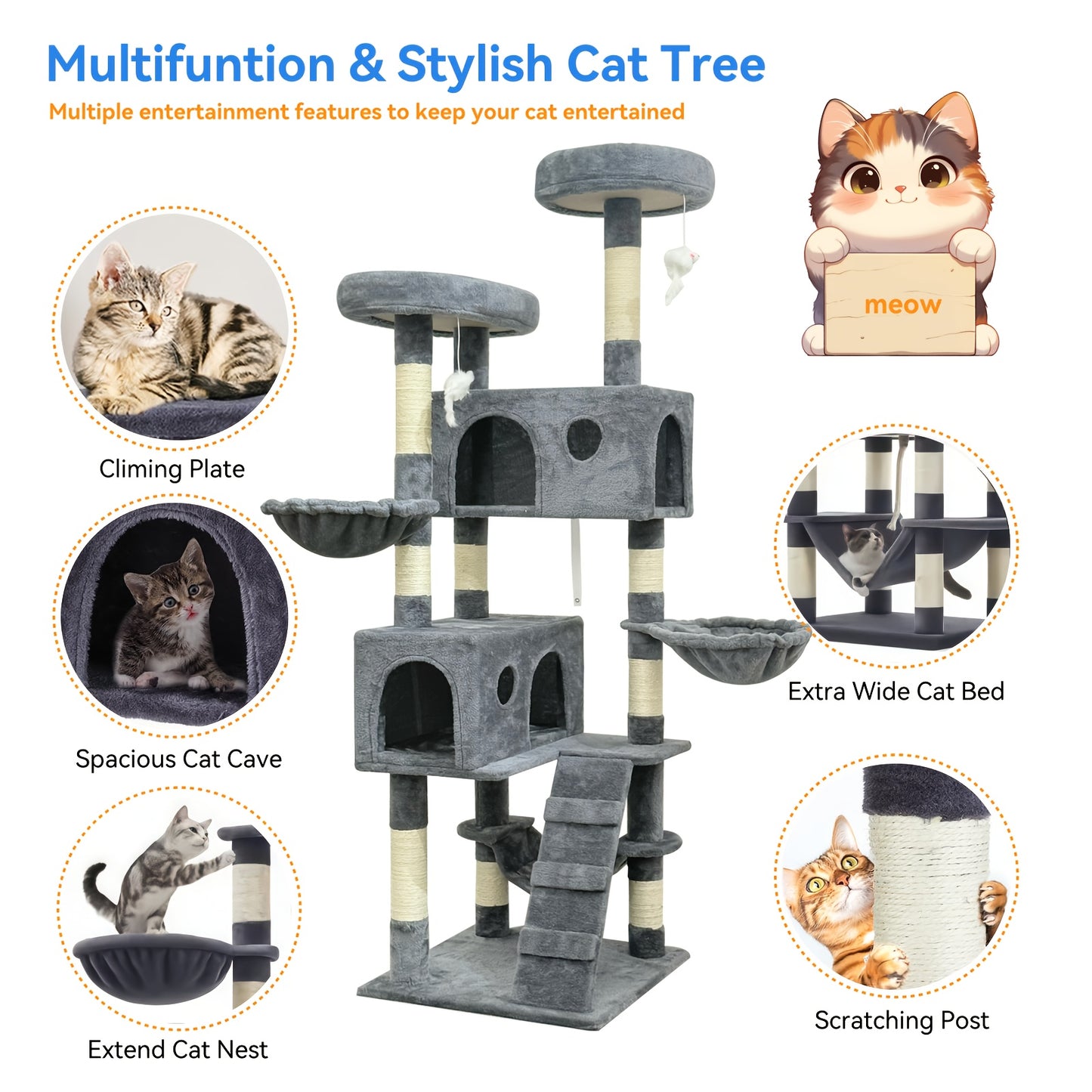 Large Deluxe Cat Tree Tower Multi-level Indoor Cat Condo Sisal-covered Scratching Posts Padded Perches Hammocks Secret Cat Den Plush Mouse Climbing Rope Stable Anti-tilt Design