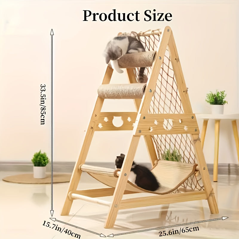1pc 6 in 1 Deluxe Cat Tree Tower Multi Level Cat Activity Center with Real Wood and Sisal Rope Scratching Posts Climbing Net Hammock and Jumping Platforms Spacious Resting and Sleeping Areas for All Cat Breeds and Ages