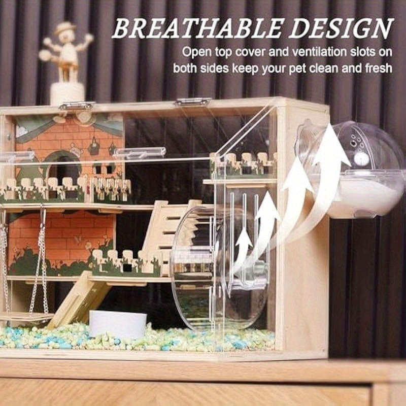 11 In 1 Hamster Cage with Wheel Swing Stairs Fence 3 Tier Large Habitat Heavy Duty Wooden and Acrylic Construction Spacious 15.8 Inch Small Pet House for Hamsters Mice Dwarf Hamsters and Hedgehogs Easy Assembly and Cleaning