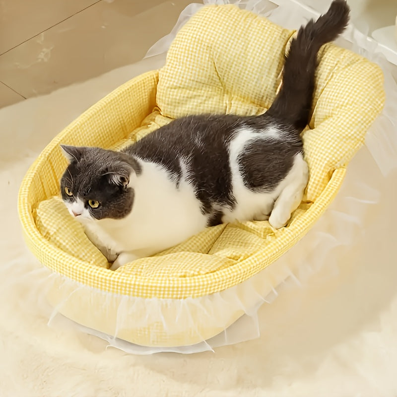 All Season Pet Bed for Dogs and Cats Checkered Small Bed with Soft Plush Fabric Washable and Detachable Pet Mat Non Sticky to Fur Easy to Clean Ruffle Details Cozy Sleeping for Indoor Cats and Small Dogs