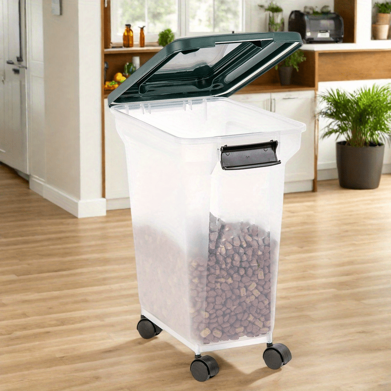 Airtight Pet Food Storage Container 22lb Capacity Clear Rectangular Design with Wheels Durable Easy Clean for Dog Cat Food Freshness Preservation Secure Lid Seal Transparent Body