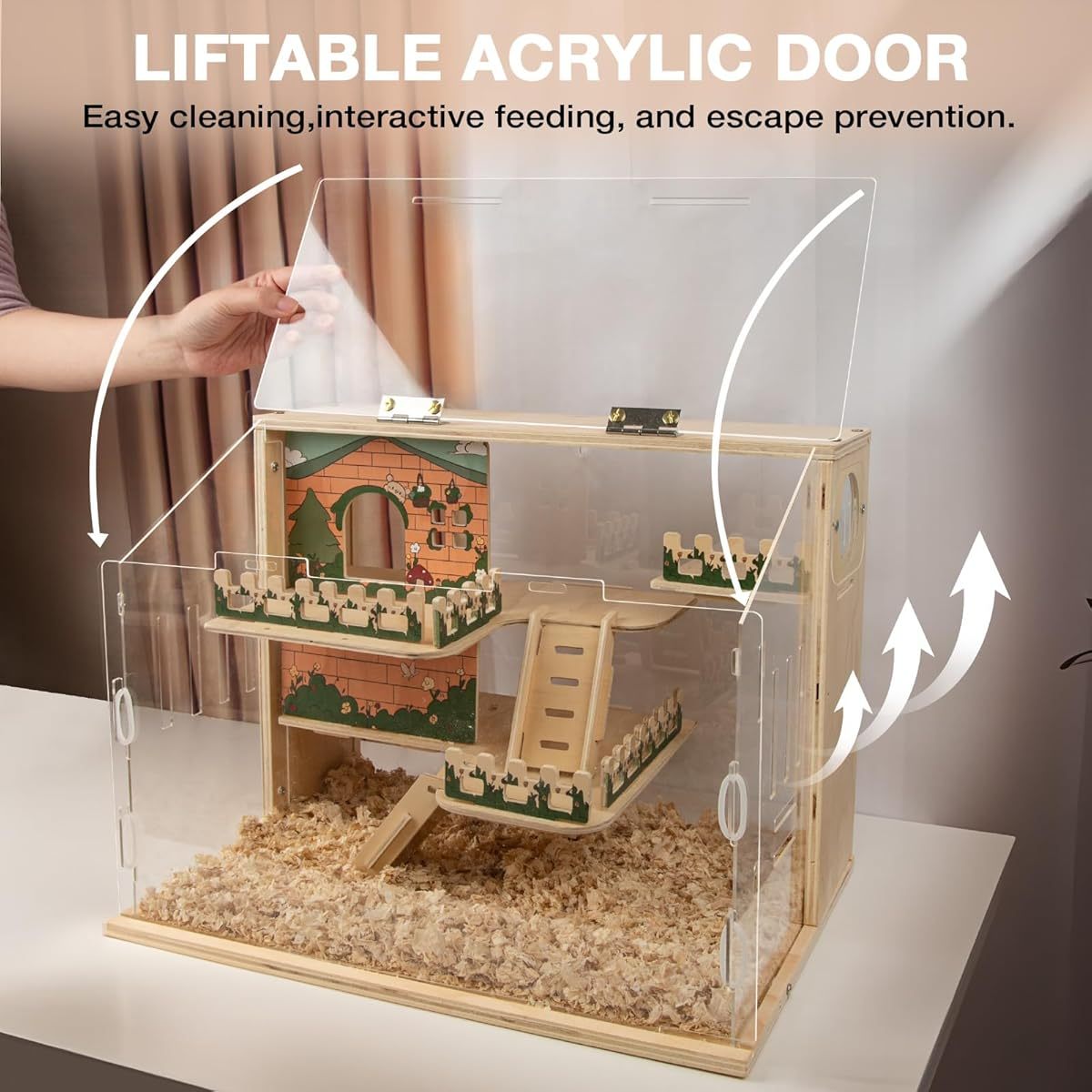 15.8 Inch 3 Tier Hamster Cage with Acrylic Top and Stairs Pastoral Style Small Animal Habitat for Mice and Hedgehogs Multi Level Ventilated Design Easy Clean Base and Accessories