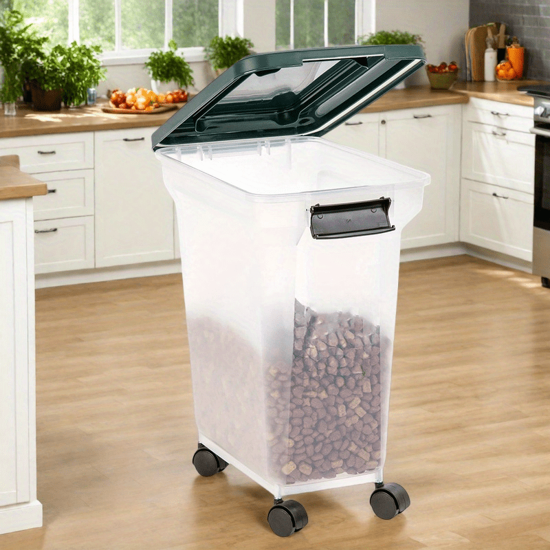 Airtight Pet Food Storage Container 22lb Capacity Clear Rectangular Design with Wheels Durable Easy Clean for Dog Cat Food Freshness Preservation Secure Lid Seal Transparent Body