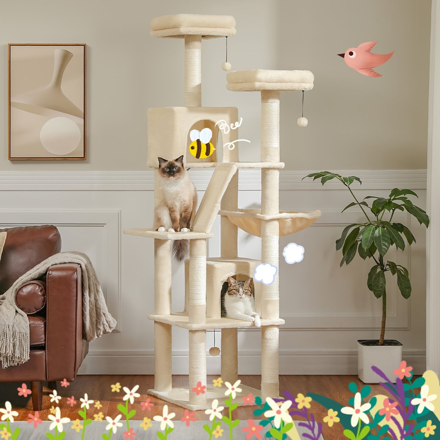 Tall Cat Tree 70.9 Inch Multi Level Activity Center For Indoor Cats With Metal Frame Large Hammock Dual Condo Houses And Scratching Posts