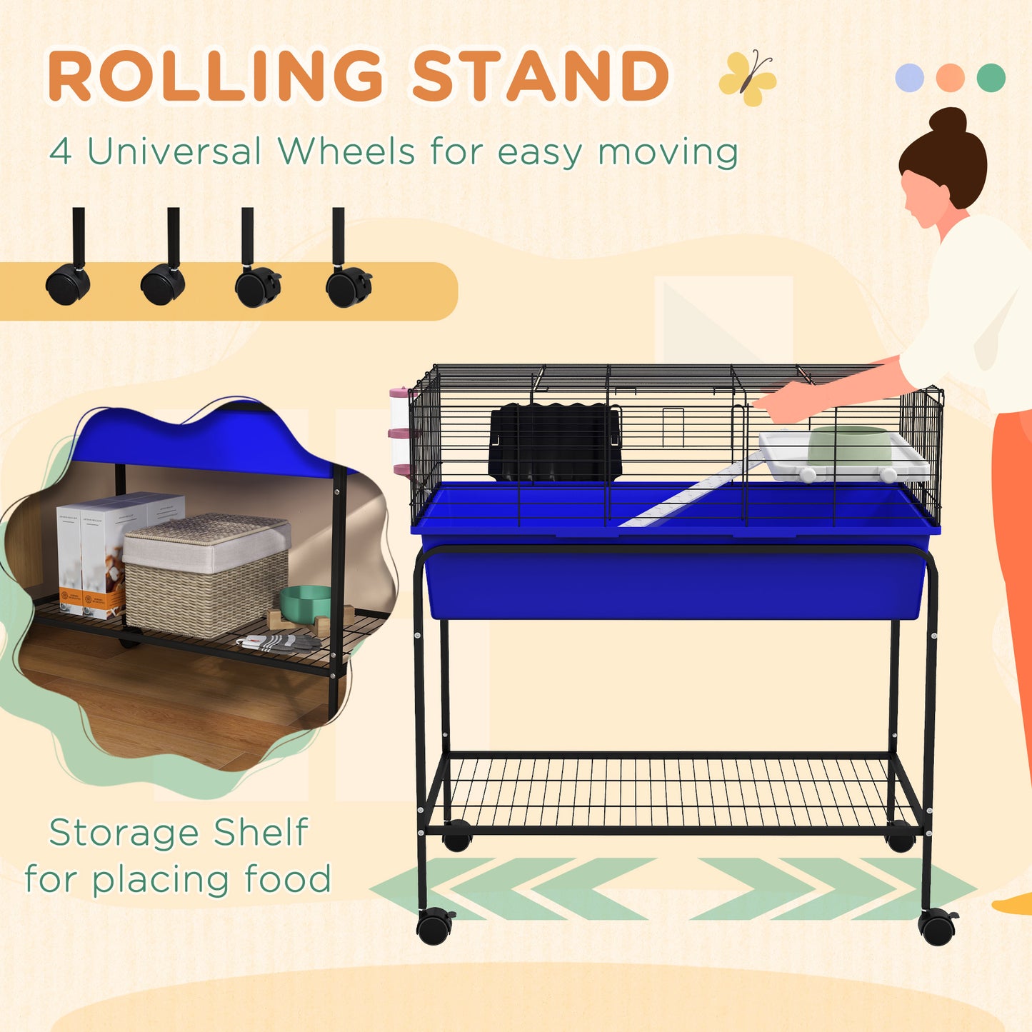 PawHut Two Story Small Animal Cage Removable from Stand Guinea Pig Hedgehog Chinchilla Ferret with Shelf and Wheels Pet Habitat
