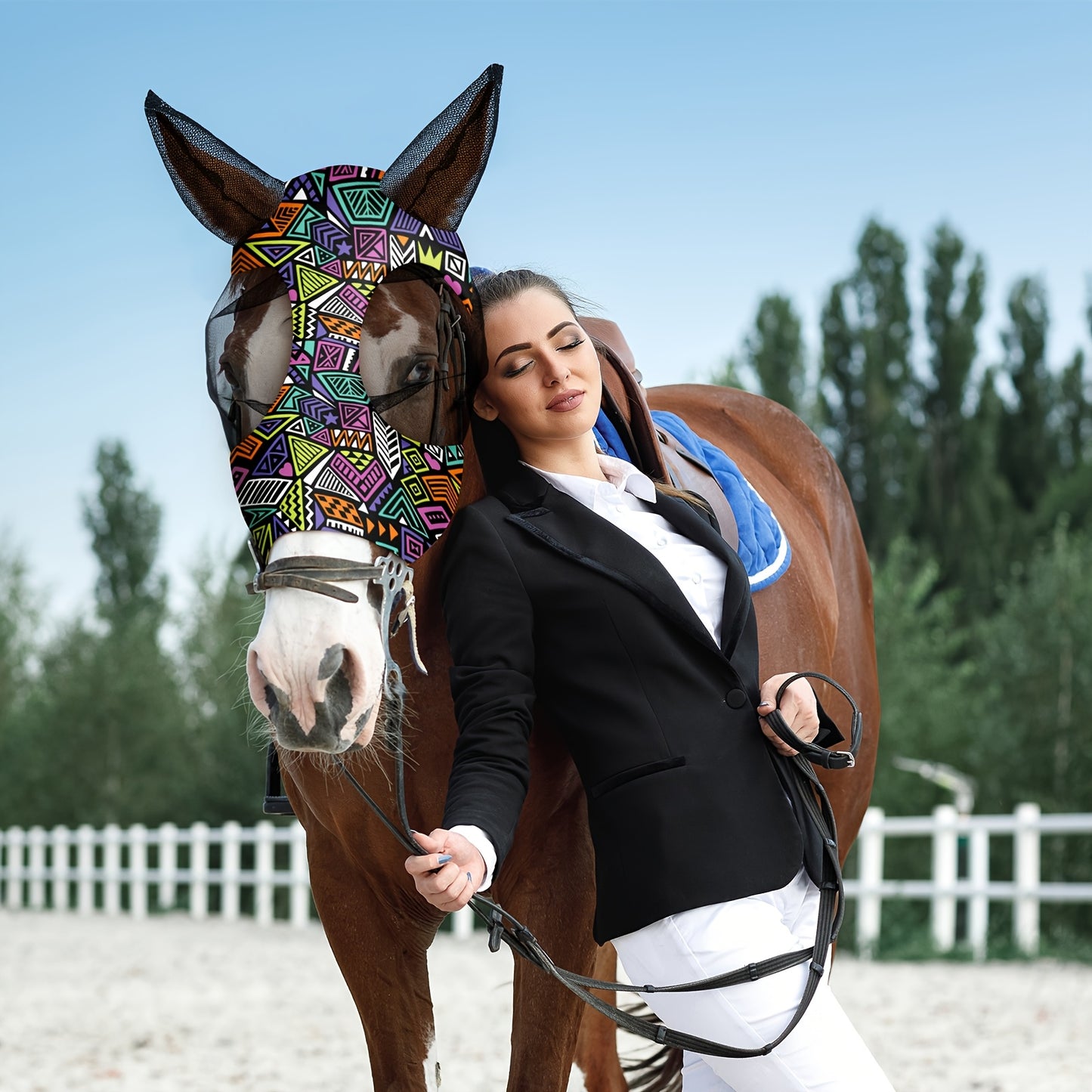 6 Pcs Horse Fly Masks With Ears Smooth Comfortable Fly Masks Cashel Fly Mask Elasticity Horse Face Mask Medium Geometric