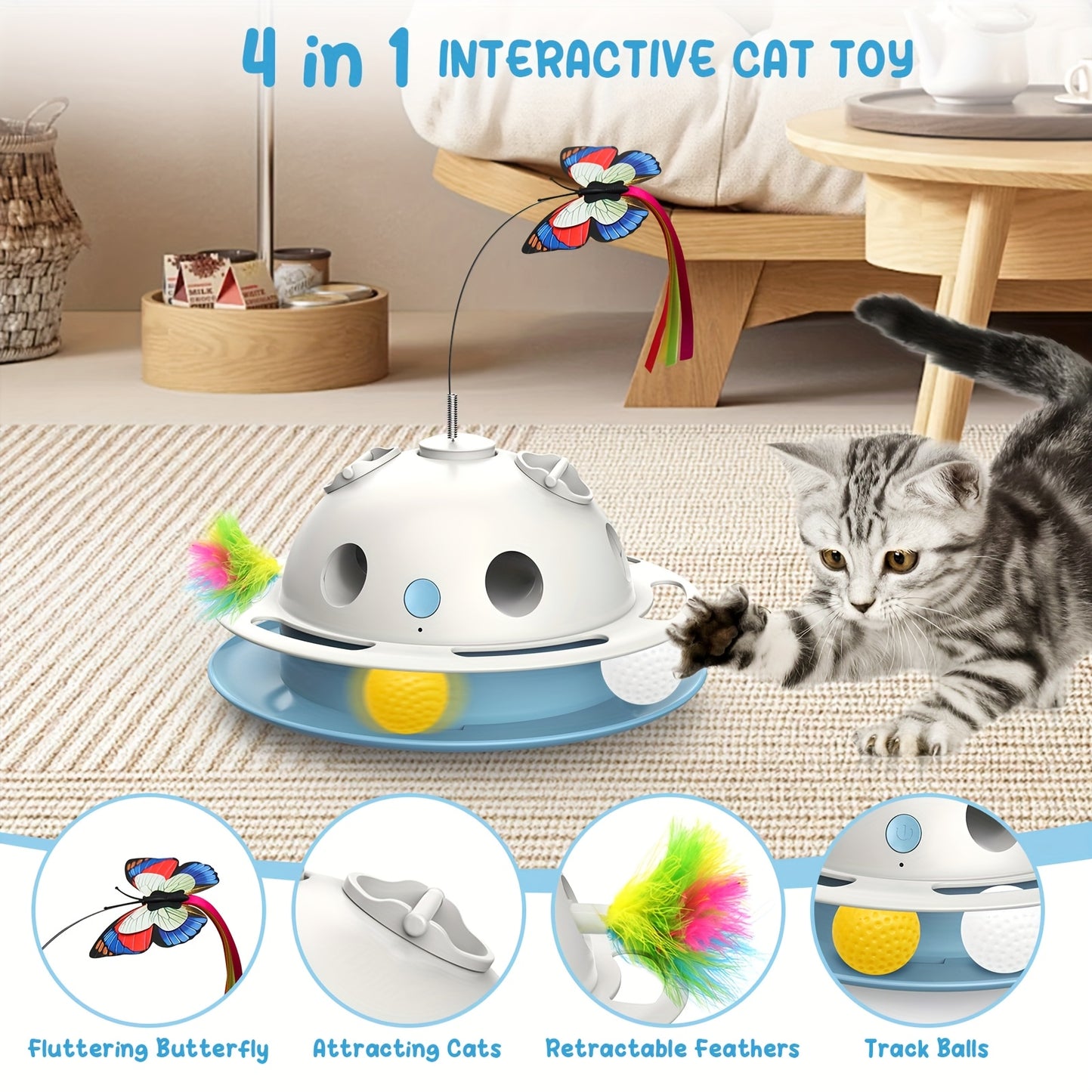 Indoor 4-in-1 Cat Toy, 360° Motorized Butterfly Toy