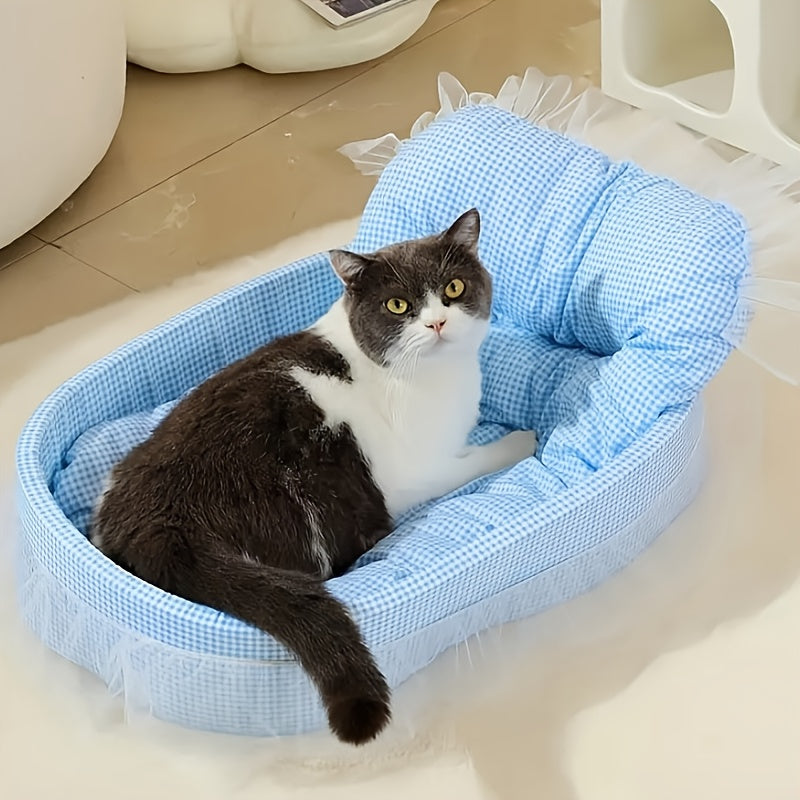 All Season Pet Bed for Dogs and Cats Checkered Small Bed with Soft Plush Fabric Washable and Detachable Pet Mat Non Sticky to Fur Easy to Clean Ruffle Details Cozy Sleeping for Indoor Cats and Small Dogs