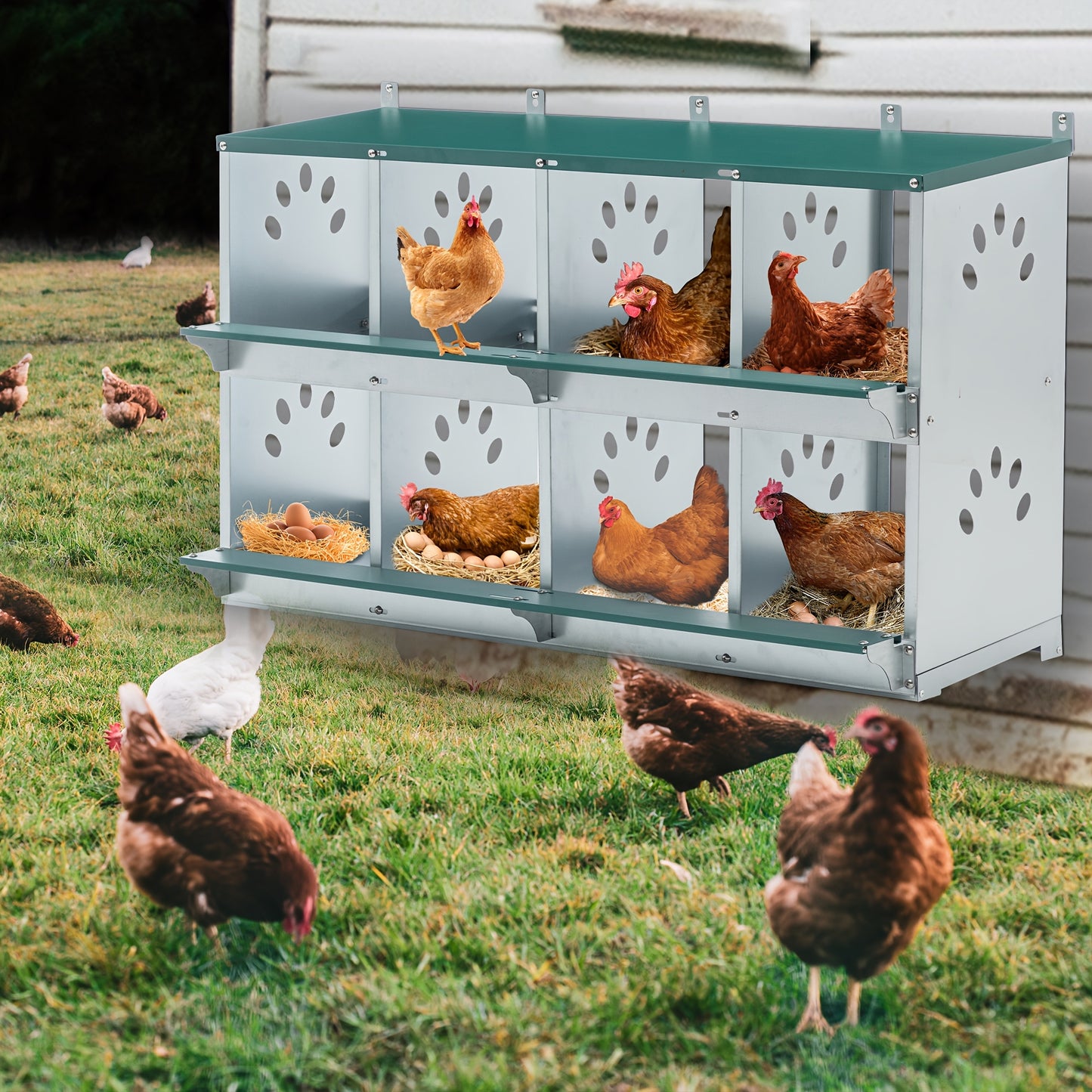 Chicken Nesting Box for Laying Eggs Roll Out Metal Laying Box with Perch and Legs