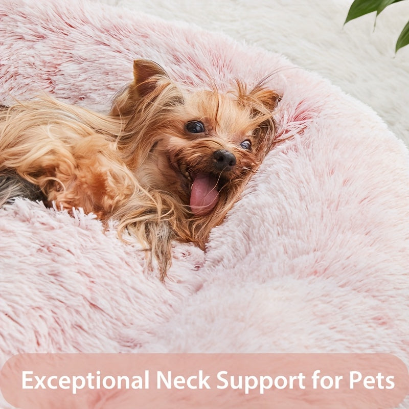 WNPETHOME Calming Anti-Anxiety Donut Dog Bed and Cat Cushion Fluffy Faux Fur Pet Bed with Non-Slip Bottom 4 Sizes for Small Medium and Large Dogs and Cats Pink Circular Design for All-Season Comfort