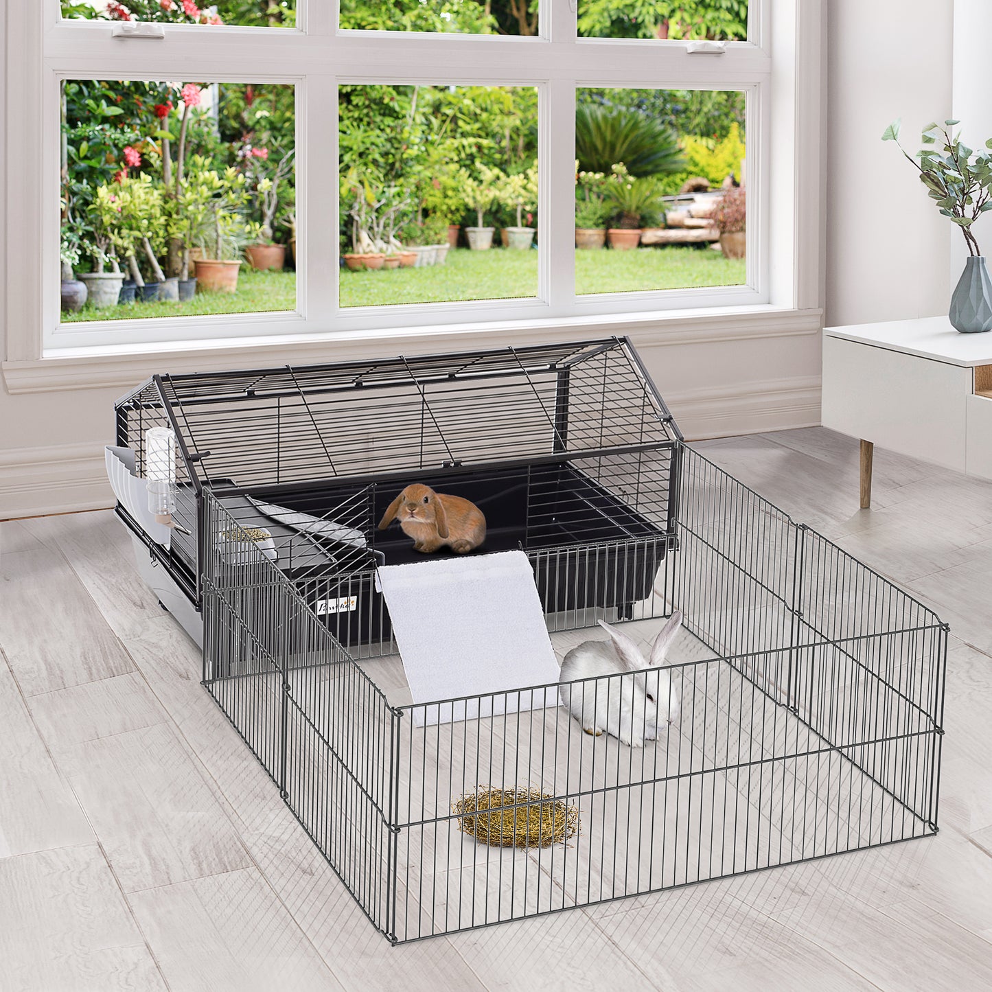 PawHut Small Animal Cage with Foldable Run Area Rolling Bunny Cage Guinea Pig Cage Hedgehog Cage with Water Bottle Water Bowl and Ramps 35 Inch L