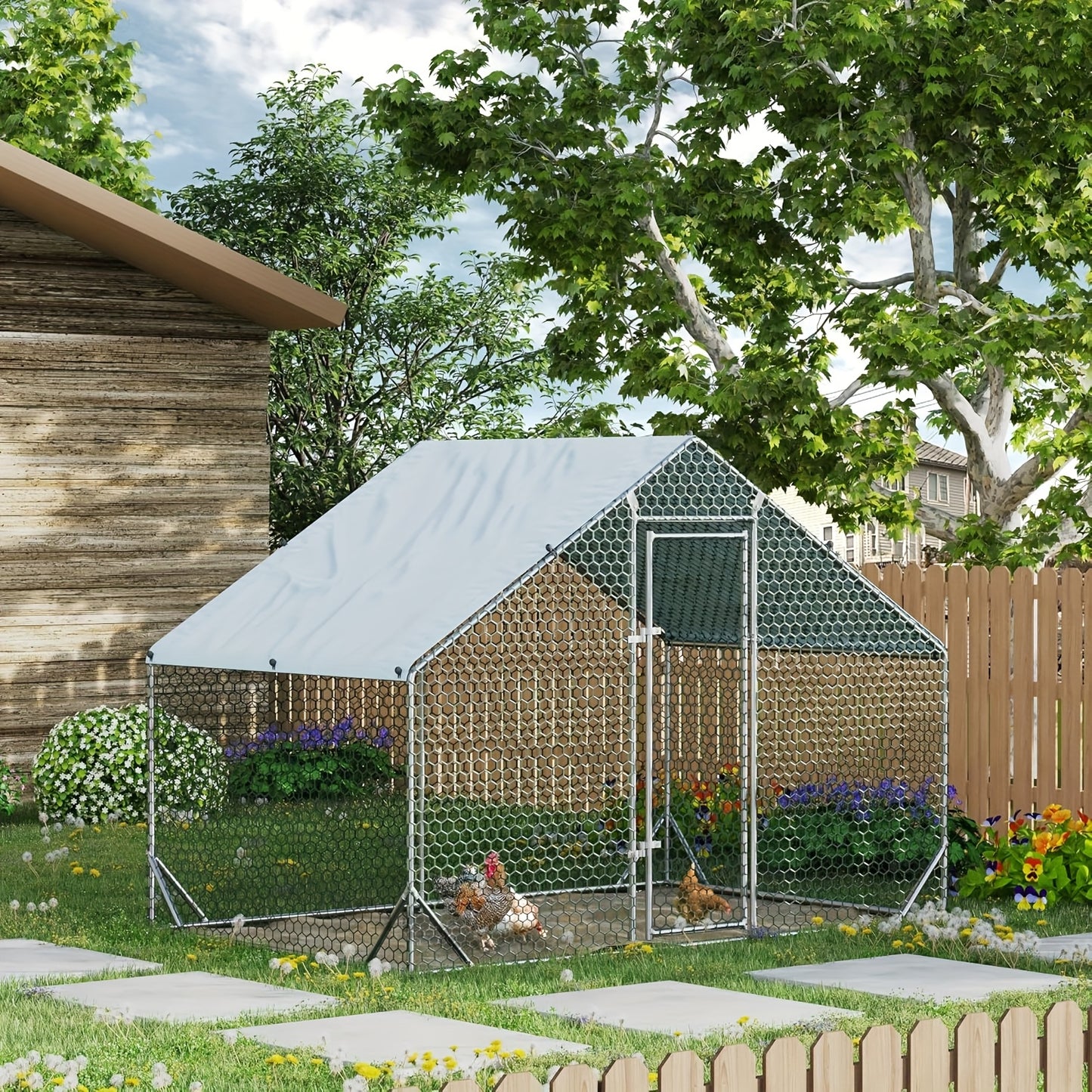 Large Metal Chicken Coop With Run Walk In Poultry Cage Dome Roofed Chicken Coops With Anti Ultraviolet Cover For Outdoor Backyard Farm