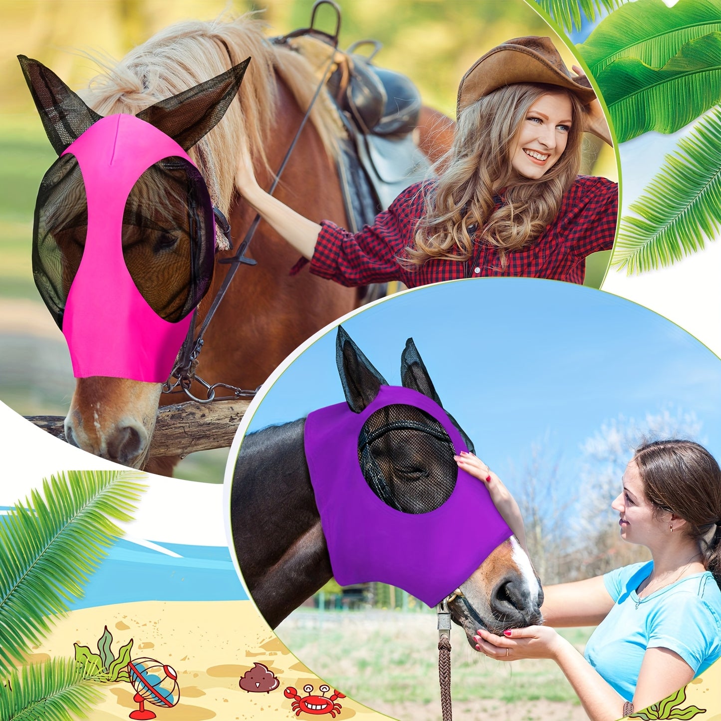 2pcs Horse Fly Masks With Ears Elastic UV Protection Fly Mask For Horses Breathable Mesh Smooth Fit Pink Purple Size M