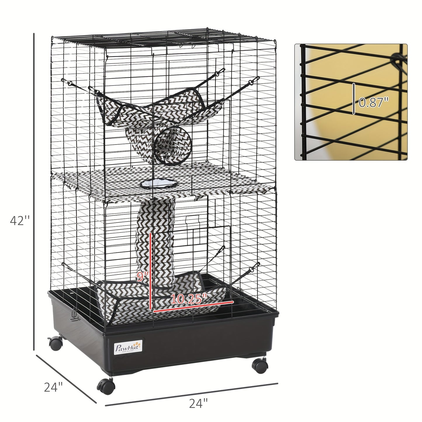 PawHut 42" Ferret Cage with Wheels and Hammocks, Black