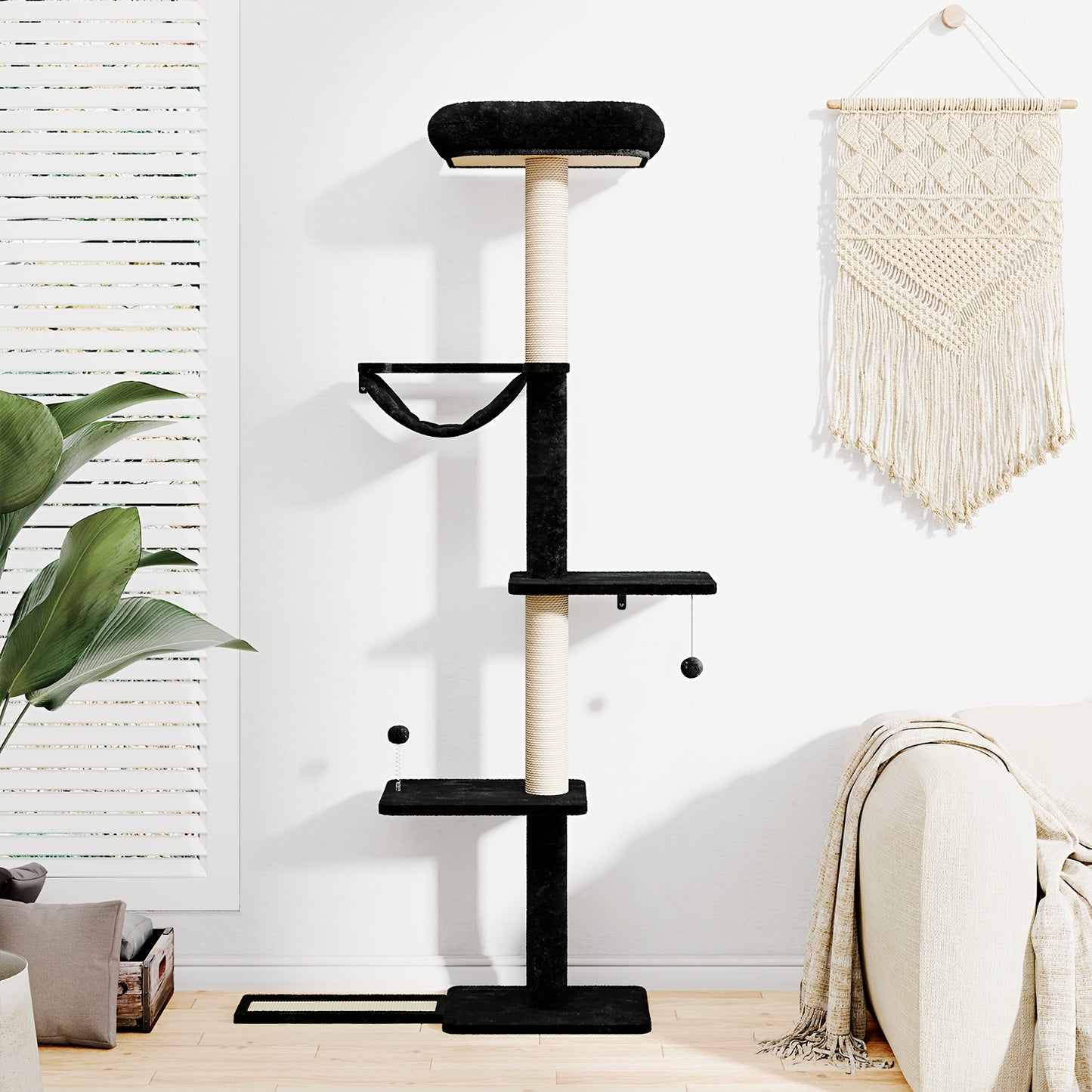 Cat Scratching Post Indoor Cat Tree Tower Multi Layer Cat Furniture Activity Center Comfortable Bed Interactive Ball Toy Wall Mounted Cat