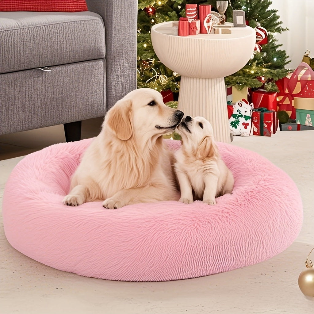WNPETHOME Calming Anti-Anxiety Donut Dog Bed and Cat Cushion Fluffy Faux Fur Pet Bed with Non-Slip Bottom 4 Sizes for Small Medium and Large Dogs and Cats Pink Circular Design for All-Season Comfort