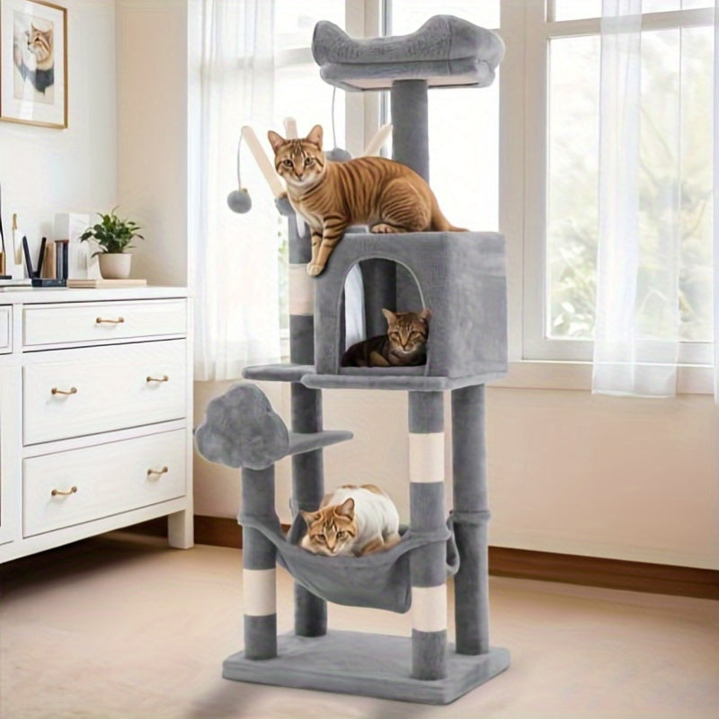 1pc YINTATECH Meowl Cat Tree Tower with Pompoms and Padded Platforms Multi Level Cat Condo with Scratching Posts and Hammock for Indoor Cats