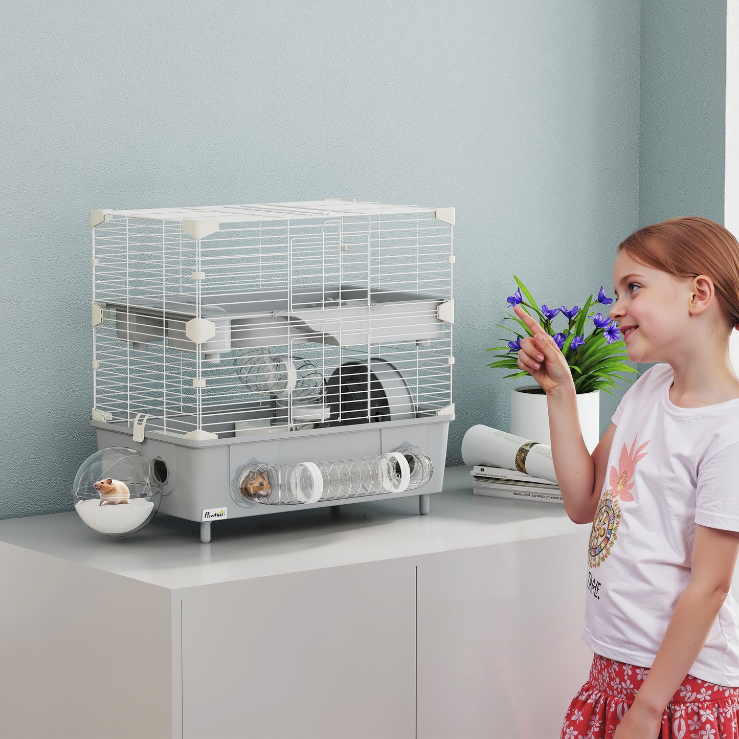 2 Tier Hamster Cage with Sand Bathroom Running Wheel Water Bottle Tubes Accessories Small Animal Cage 17.5 x 11 x 17 Gray