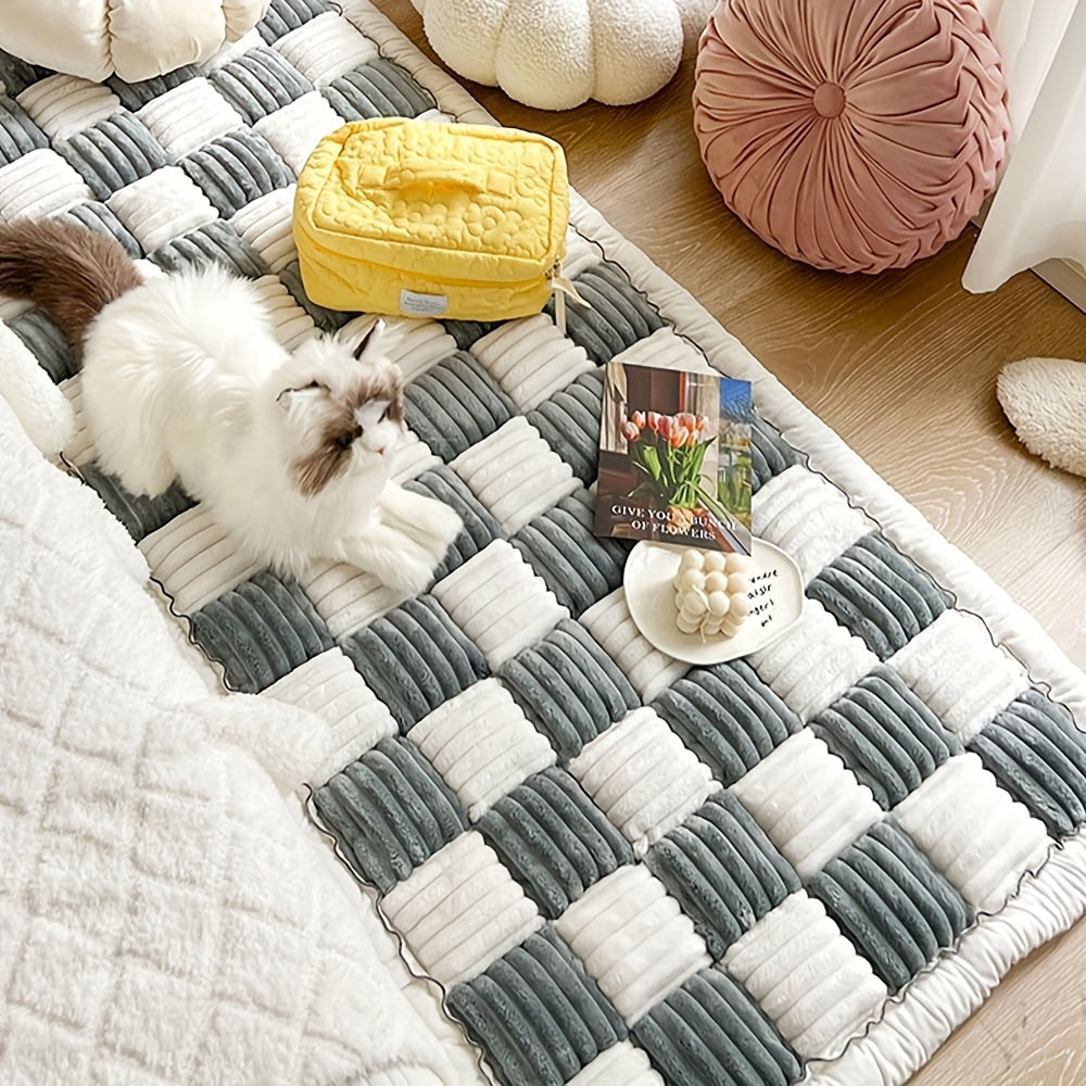 Pet Sofa Cover, Thickened Velvet Checkerboard Pattern, Non Slip Dog Bed Sofa Cover, Machine Washable Sofa Pad