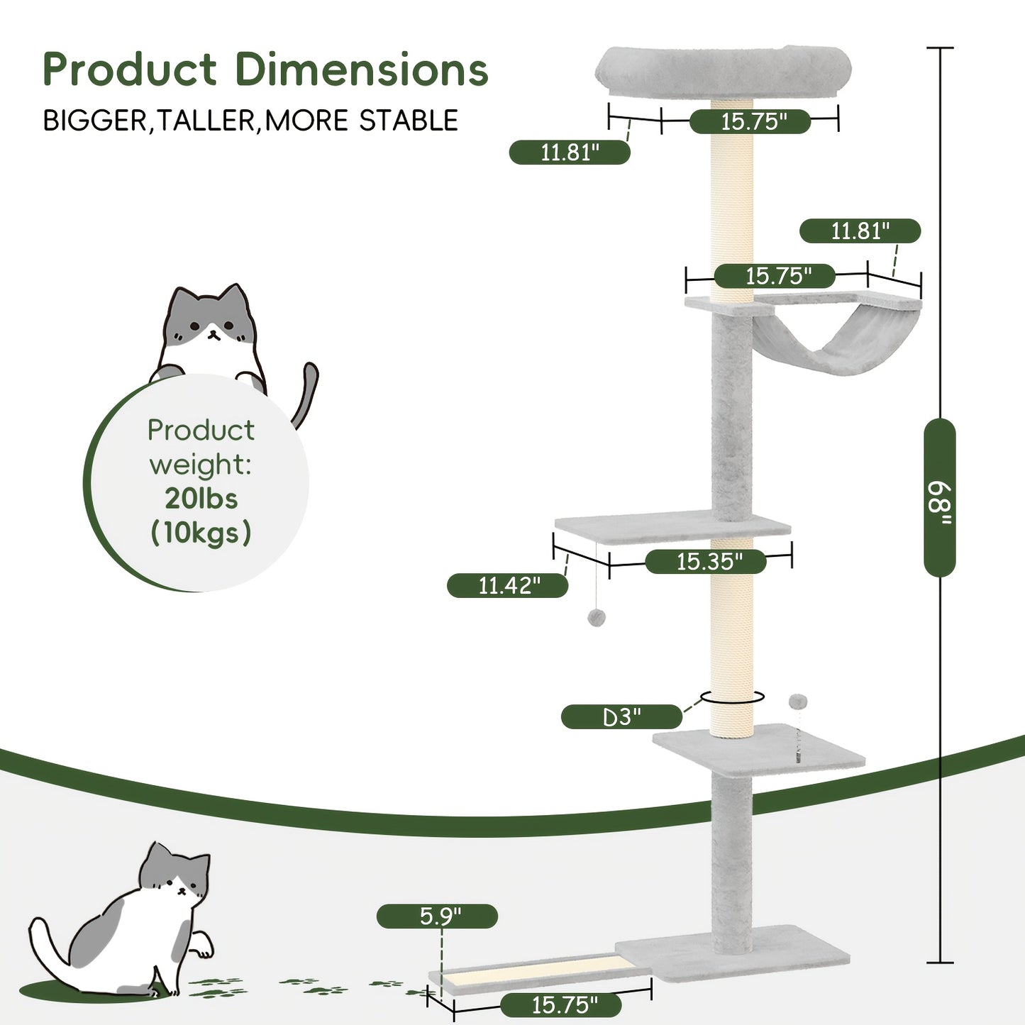 Cat Scratching Post Indoor Cat Tree Tower Multi Layer Cat Furniture Activity Center Comfortable Bed Interactive Ball Toy Wall Mounted Cat