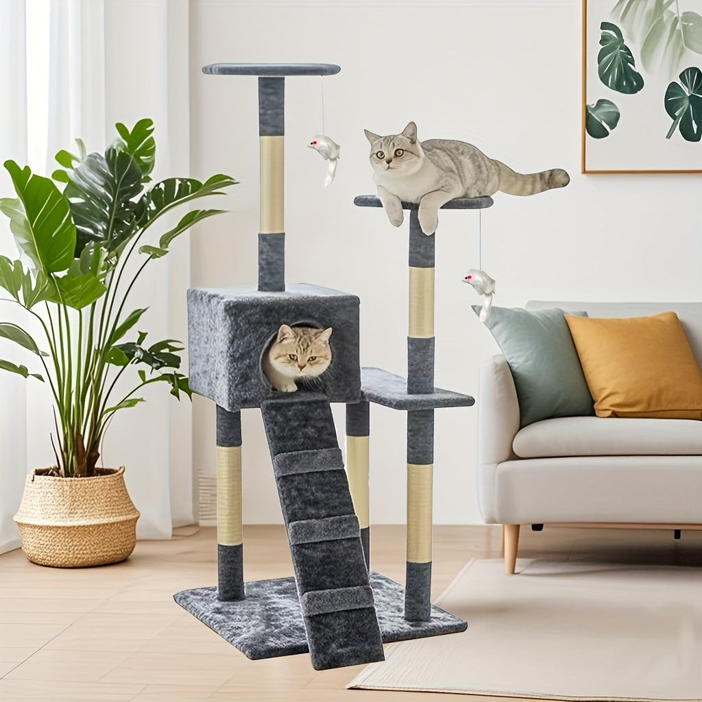 Large Deluxe Cat Tree Tower Multi-level Indoor Cat Condo Sisal-covered Scratching Posts Padded Perches Hammocks Secret Cat Den Plush Mouse Climbing Rope Stable Anti-tilt Design