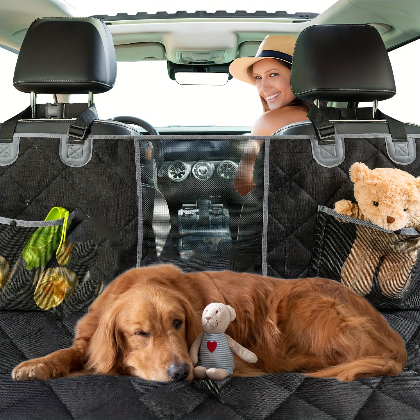Waterproof Dog Car Seat Cover for Back Seat and Trunk Liner Durable Polyester Pet Cargo Liner with Removable Foldable Design Black and White Piping Fits SUVs Cars and Vehicles Easy Clean Material