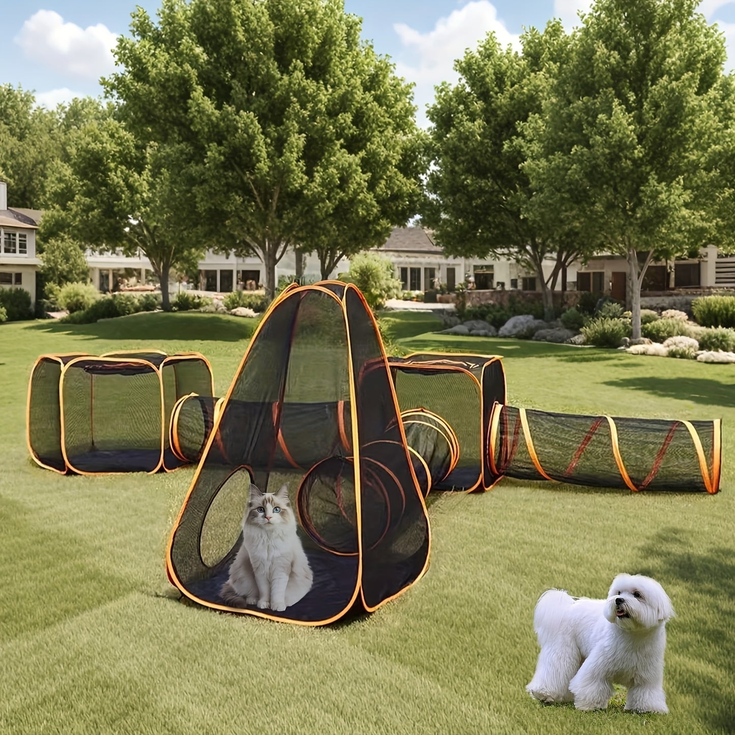 6 In 1 Foldable Pet Playpen With Tunnel And Tent For Cats And Dogs Outdoor Pop Up Cage Fence Black Fabric With Orange Accents Interactive Design For Indoor Outdoor Use