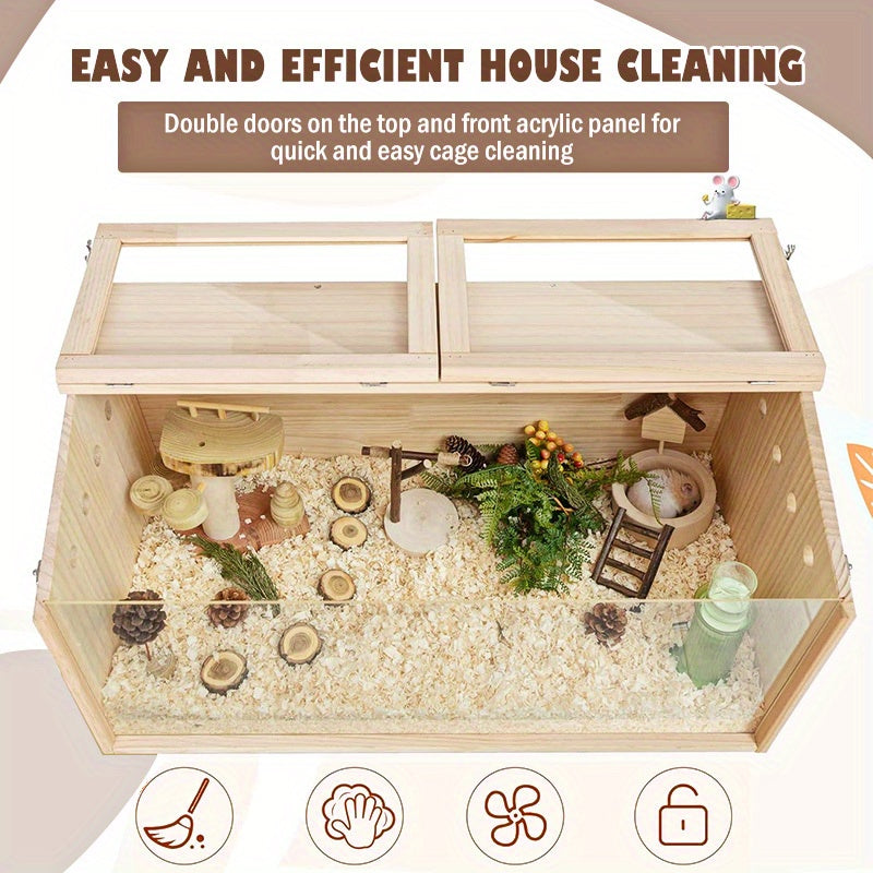 SliverDew Solid Wood Breeding Box for Hamsters and Chickens Double Door High Tolerance Acrylic Hamster Cage Spacious Indoor Pet Activity House with Ventilation Mesh and Easy Clean Design Transparent Hideout