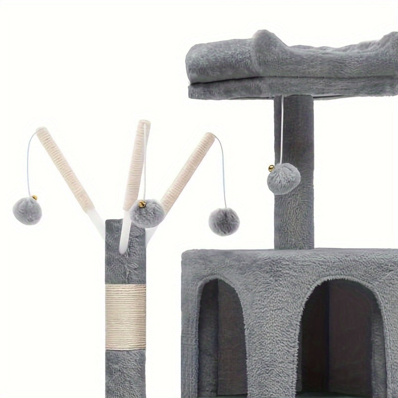 1pc YINTATECH Meowl Cat Tree Tower with Pompoms and Padded Platforms Multi Level Cat Condo with Scratching Posts and Hammock for Indoor Cats