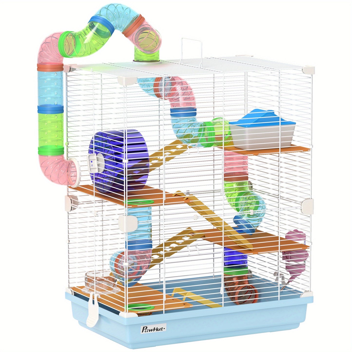 PawHut 18 Inch 5 Tier Hamster Cage with Tubes and Tunnels Small Animal Cage with Portable Carry Handle Gerbil Cage with Water Bottle Food Dish Exercise Wheel Light Blue
