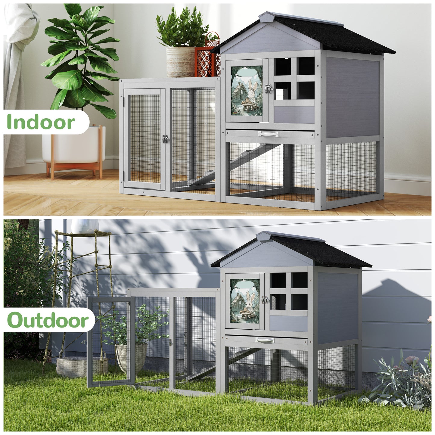 2-Tier Wood Rabbit Hutch with Removable Tray and Ramp