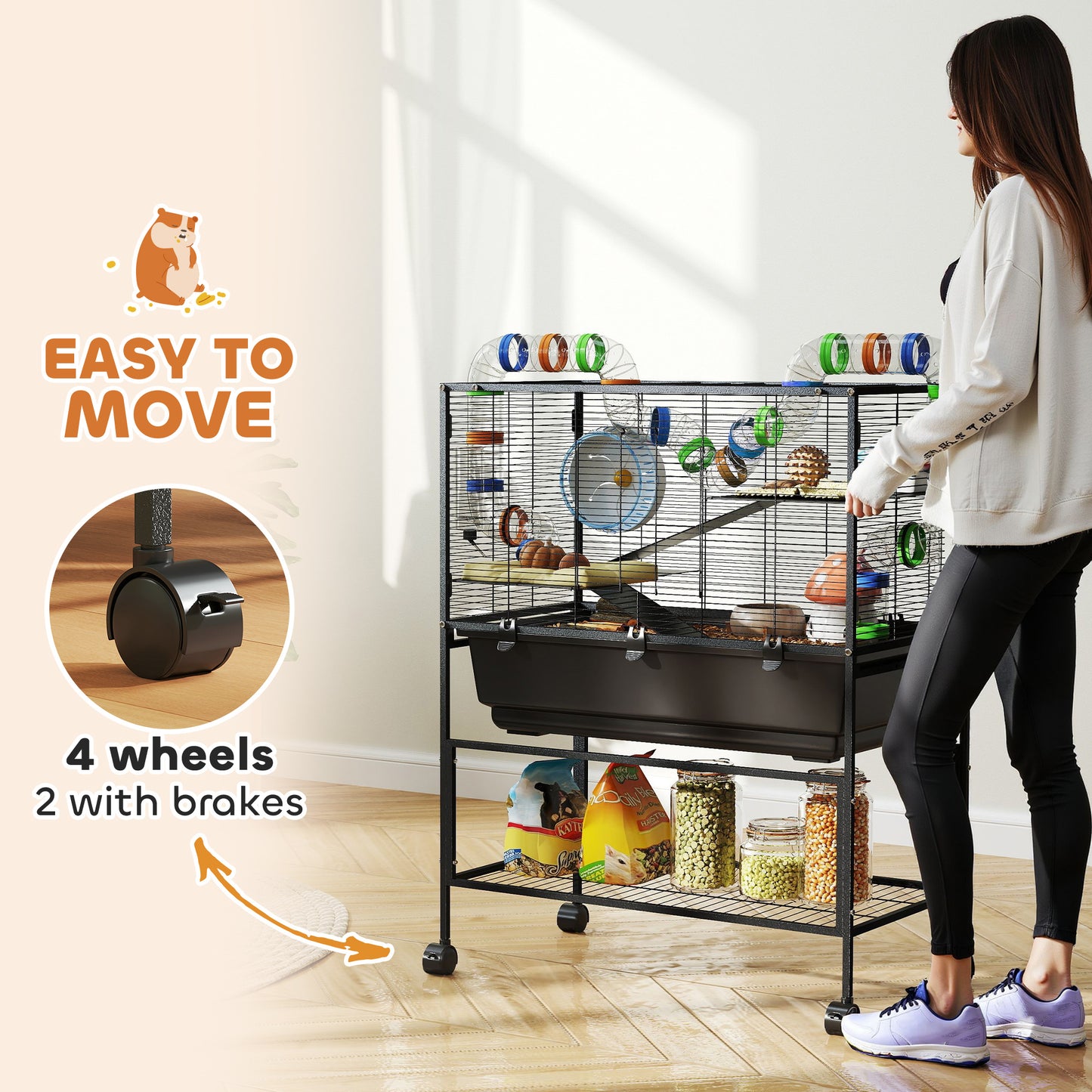 Hamster Cage with Deep Tray 3 Tier Rolling Rat Cage with Storage Shelf Big Exercise Wheel Tube System Hut Platforms Ramps Food Dish Water Bottle for Syrian Gerbil Mouse