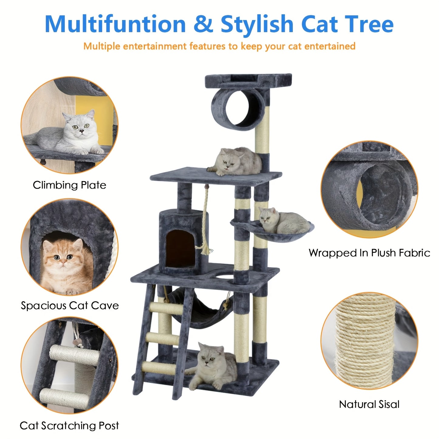 Baohe Cat Tree Luxury Multi Layer Plush Cat Tower with Comfortable Cat Condo Hammock Scratching Post Climbing Ladder Toy Stable Anti Tilt Design Durable Easy to Assemble Indoor Cat Furniture