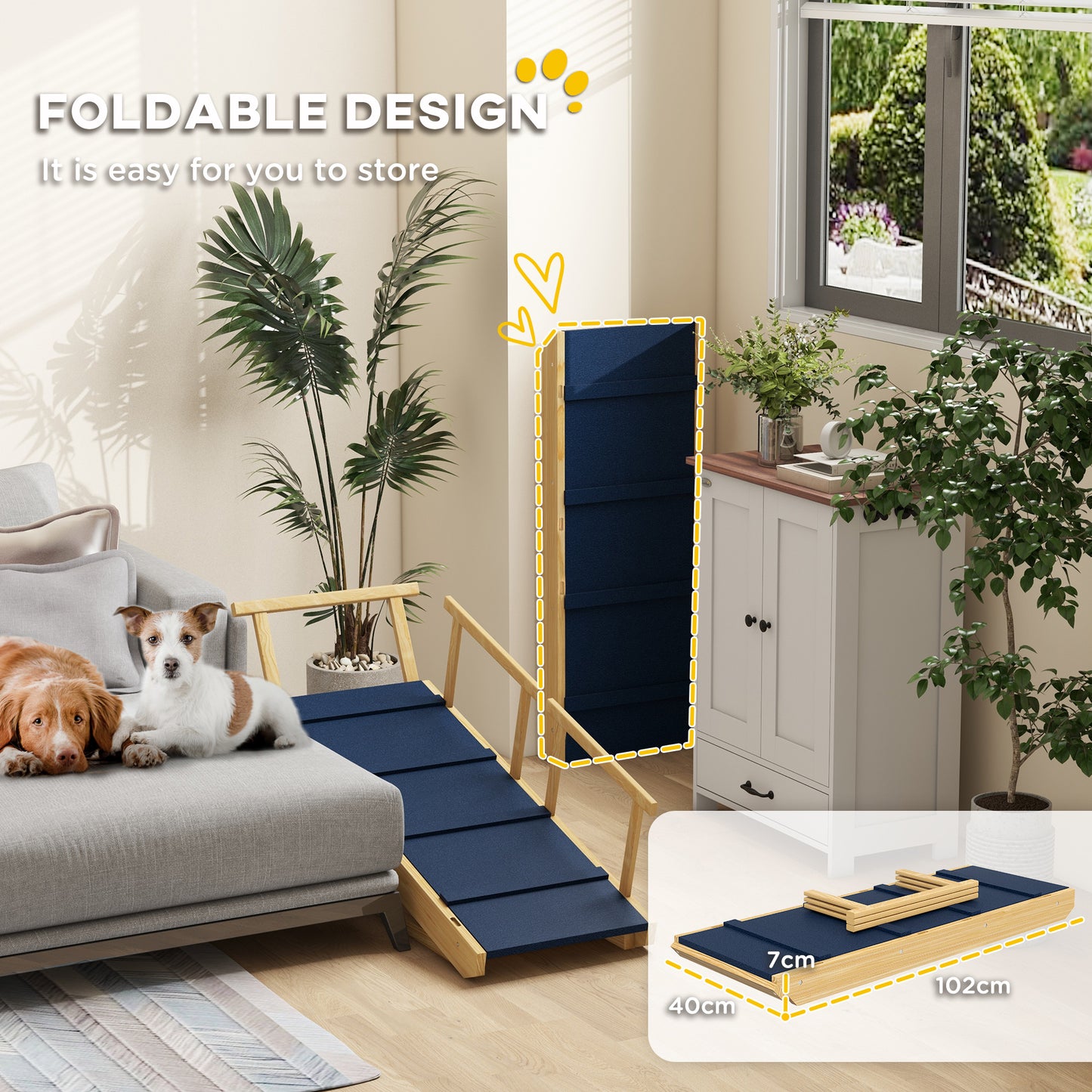 PawHut Adjustable Dog Ramp Foldable Wooden Pet Stairs with Non-Slip Mat for Small to Large Dogs Natural Wood Finish