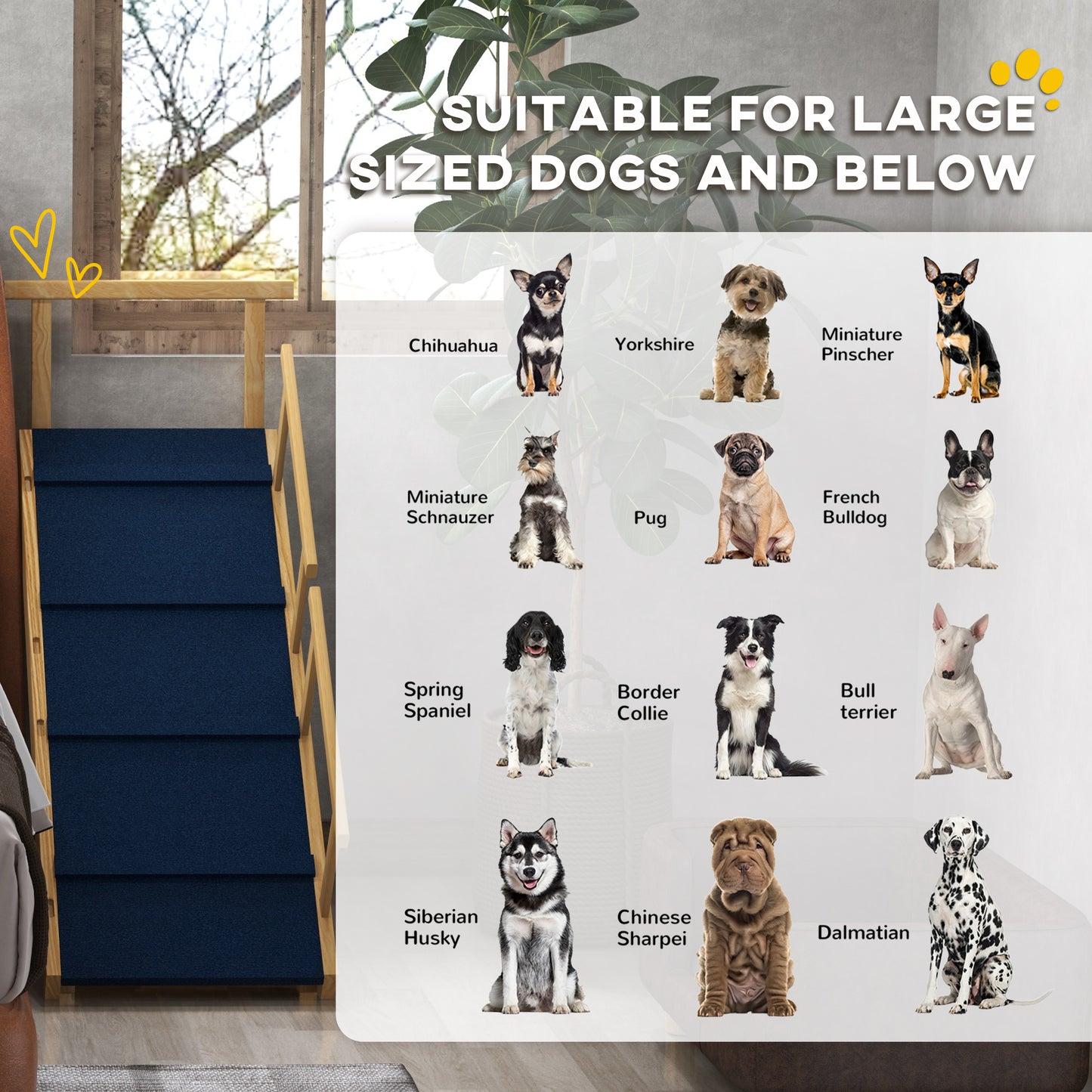 PawHut Adjustable Dog Ramp Foldable Wooden Pet Stairs with Non-Slip Mat for Small to Large Dogs Natural Wood Finish