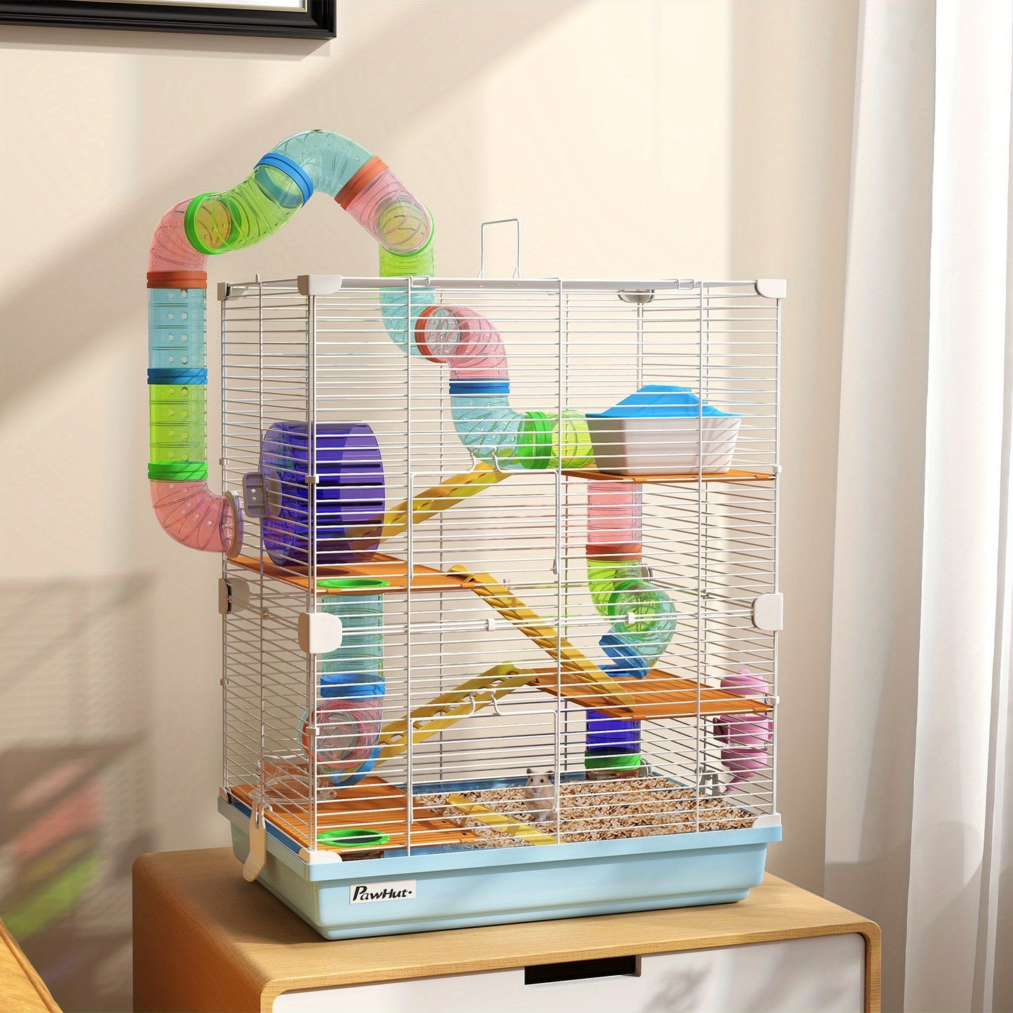 PawHut 18 Inch 5 Tier Hamster Cage with Tubes and Tunnels Small Animal Cage with Portable Carry Handle Gerbil Cage with Water Bottle Food Dish Exercise Wheel Light Blue