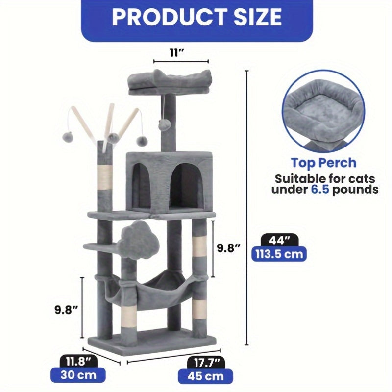 1pc YINTATECH Meowl Cat Tree Tower with Pompoms and Padded Platforms Multi Level Cat Condo with Scratching Posts and Hammock for Indoor Cats