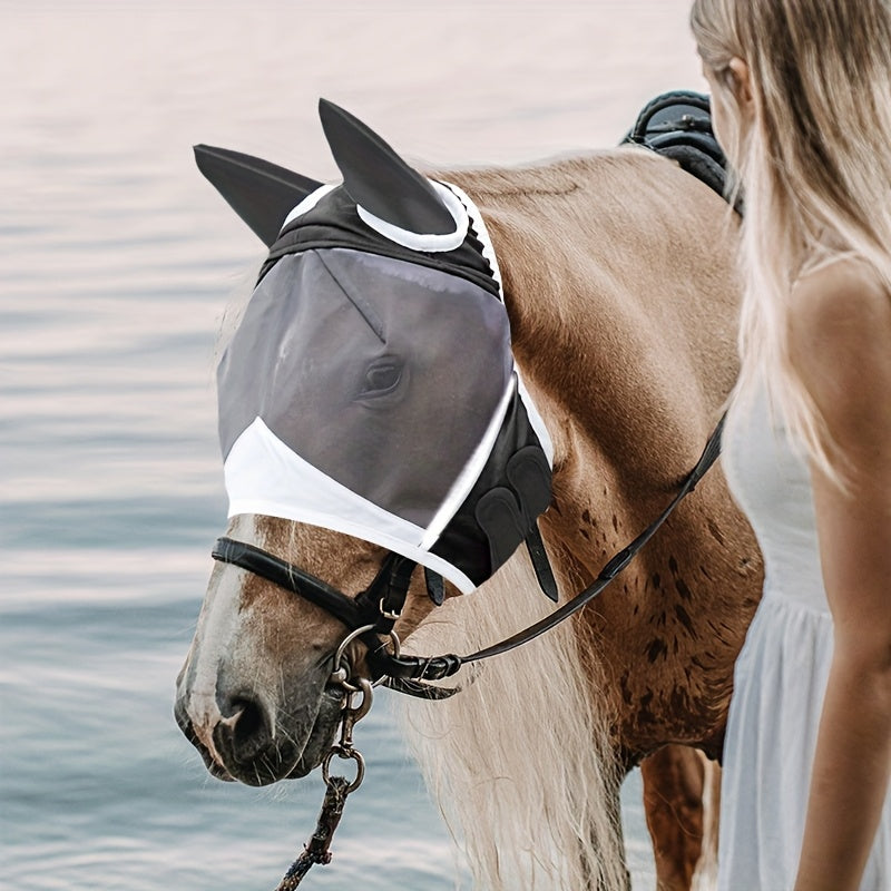 Mosquito Proof Horse Mask with Ears and Nose Breathable Mesh Summer Fly Mask Teal and White Design for Outdoor Riding and Stable Use Stylish Equestrian Gear