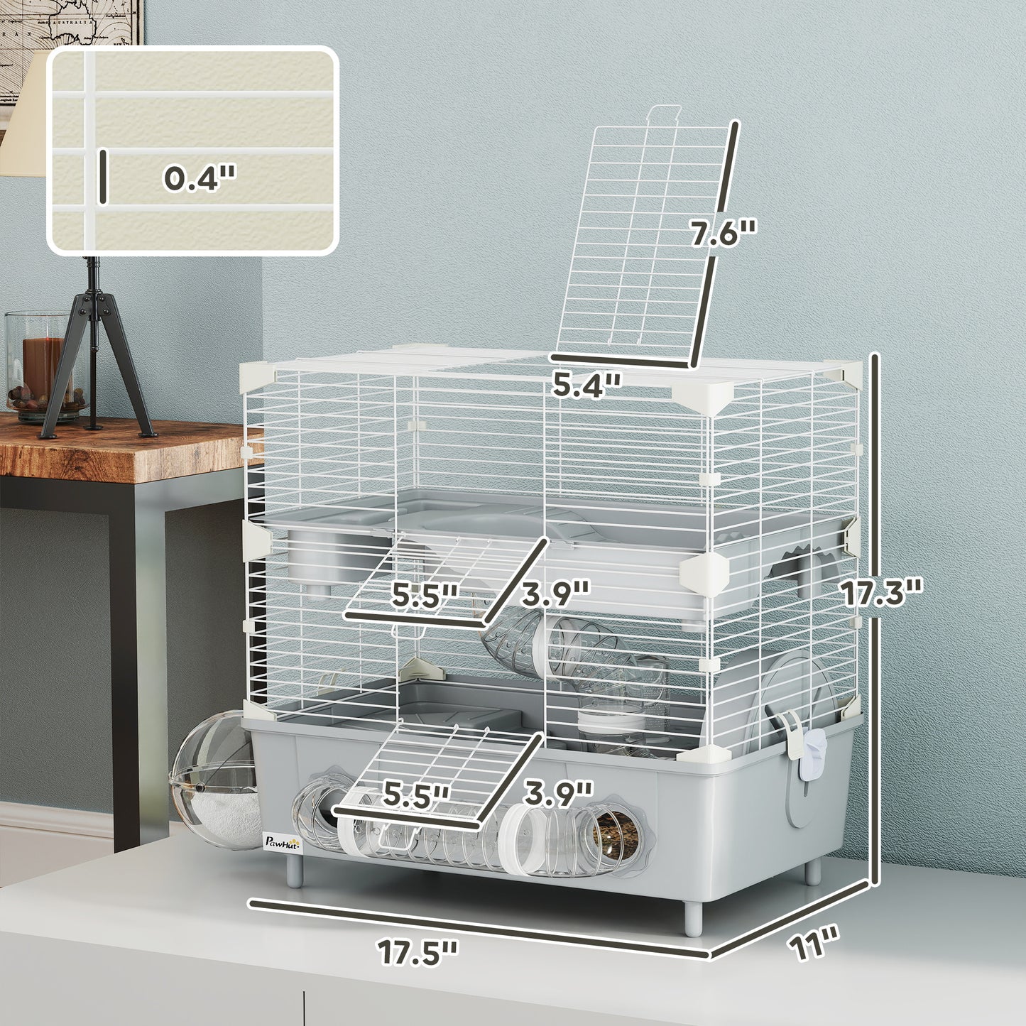 2 Tier Hamster Cage with Sand Bathroom Running Wheel Water Bottle Tubes Accessories Small Animal Cage 17.5 x 11 x 17 Gray