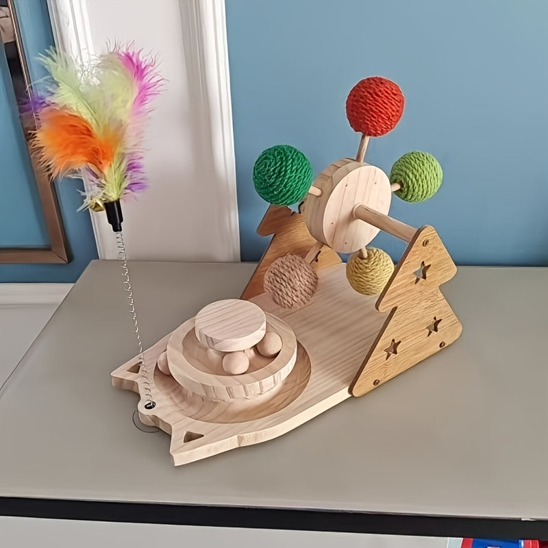 Interactive Wooden Cat Toy With Spinning Sisal Balls And Feather Teaser Multi-Functional Smart Exercise Playset For Cats