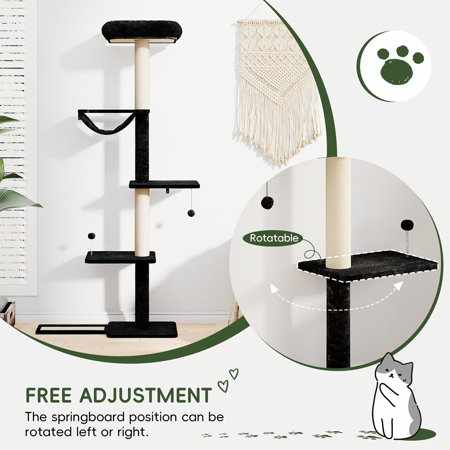 Cat Scratching Post Indoor Cat Tree Tower Multi Layer Cat Furniture Activity Center Comfortable Bed Interactive Ball Toy Wall Mounted Cat