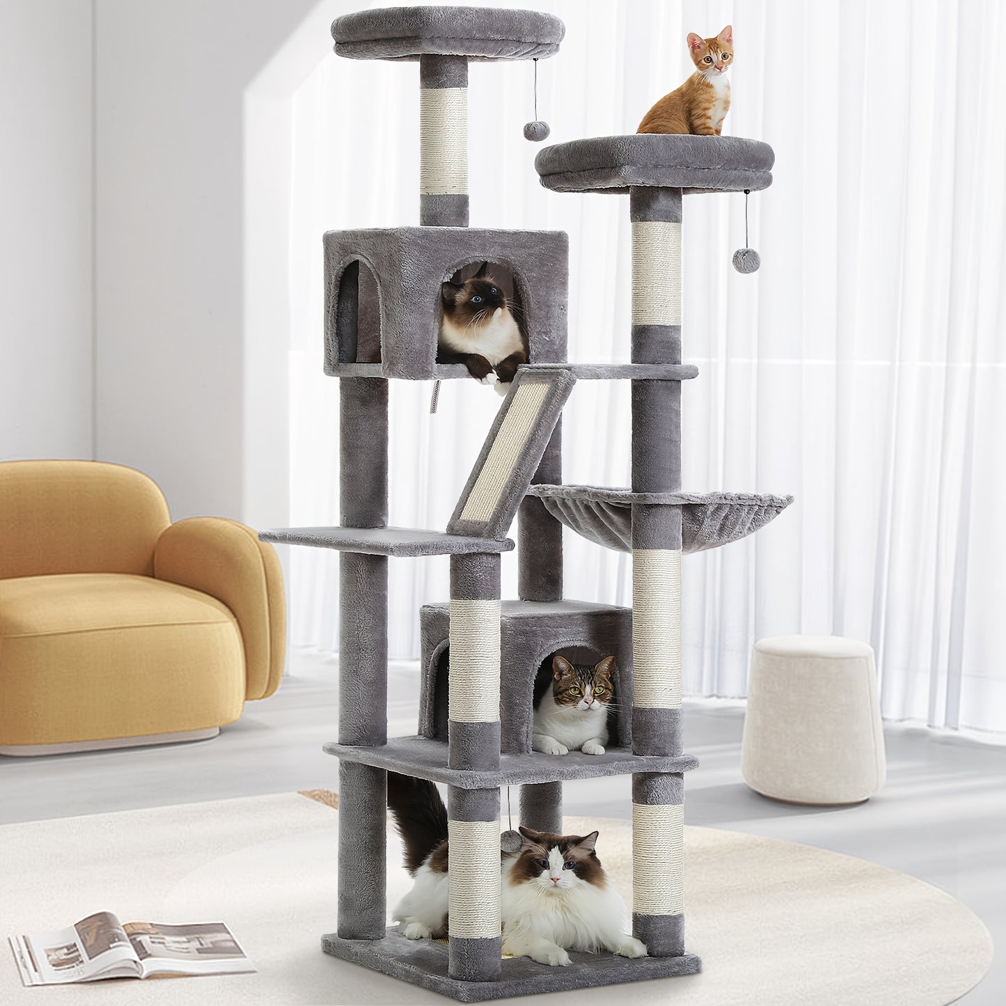 Tall Cat Tree 70.9 Inch Multi Level Activity Center For Indoor Cats With Metal Frame Large Hammock Dual Condo Houses And Scratching Posts